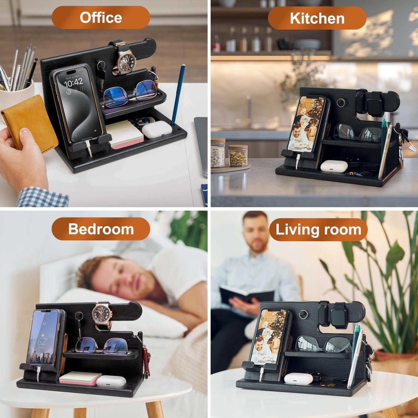 TESLYAR Wood Phone Docking Station for Men - Desk or Nightstand Organizer - Birthday Gifts for Husband, Dad - Anniversary Idea from Wife - Key Holder, Stand Wallet, Watch & Essentials (Granite Black)