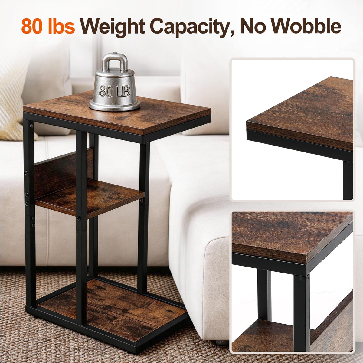 King Oasis 3-Tier Brown Metal Side Table - Industrial End Table & Nightstand with Adjustable Feet, 80LB Sturdy Small Bedside Table Storage Shelf for Living Room, Bedroom, and Small Spaces