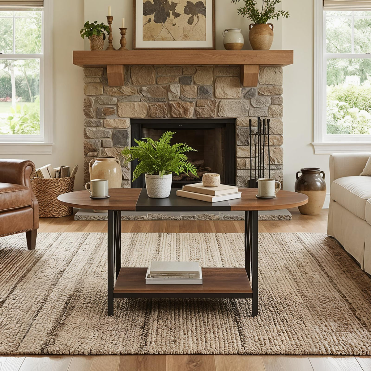 HOOBRO Coffee Table for Living Room, 2-Tier Oval Coffee Table, Industrail Centre Table with Open Shelf, for Small Space, Home Office and Dining Room, Rustic Brown and Black BFK13KF01