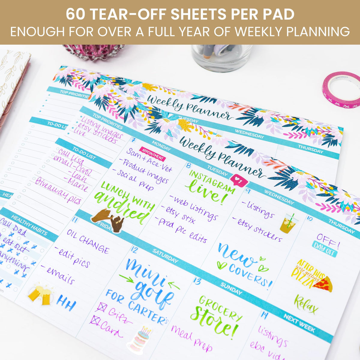 bloom daily planners Horizontal Weekly Tear-Off To Do List Planning Pad - Undated Notepad Organizer & Healthy Habit Tracker - 8.5” x 11” - Floral