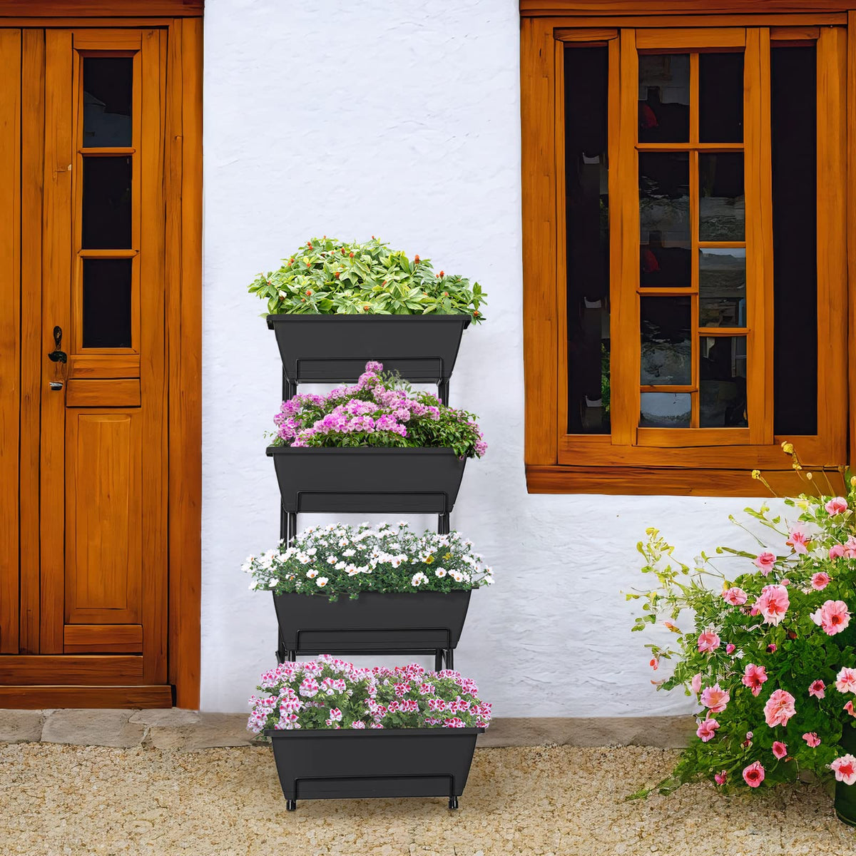 OYEAL Raised Garden Bed 4 Tier Vertical Garden Planters Indoor Outdoor Raised Planter Box with Legs Elevated Herb Garden Planter for Flowers Vegetables Plants, Black