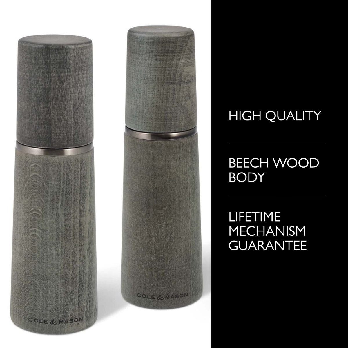 Cole & Mason Marlow Wood Mill Set - Balanced Salt and Pepper Grinders - Refillable Spice Tools - Adjustable Salt and Peppercorn Grinder Settings - Dark Grey