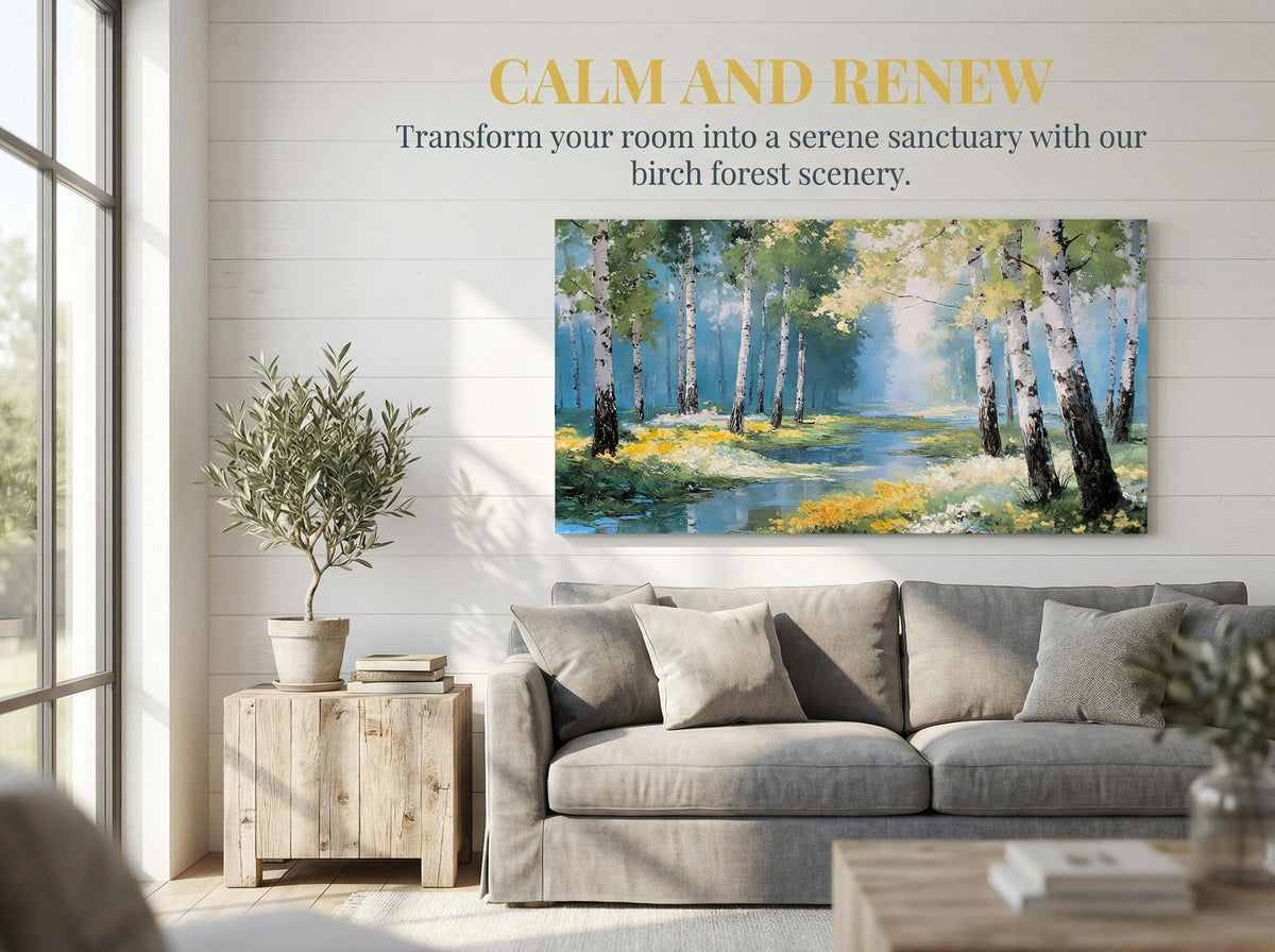 Ardemy Birch Forest Stream Canvas Wall Art, 40"x20" Hand-Painted Texture Landscape Painting with Wildflowers, Calming Nature Scenery for Living Room Bedroom Bathroom Home Office Decor