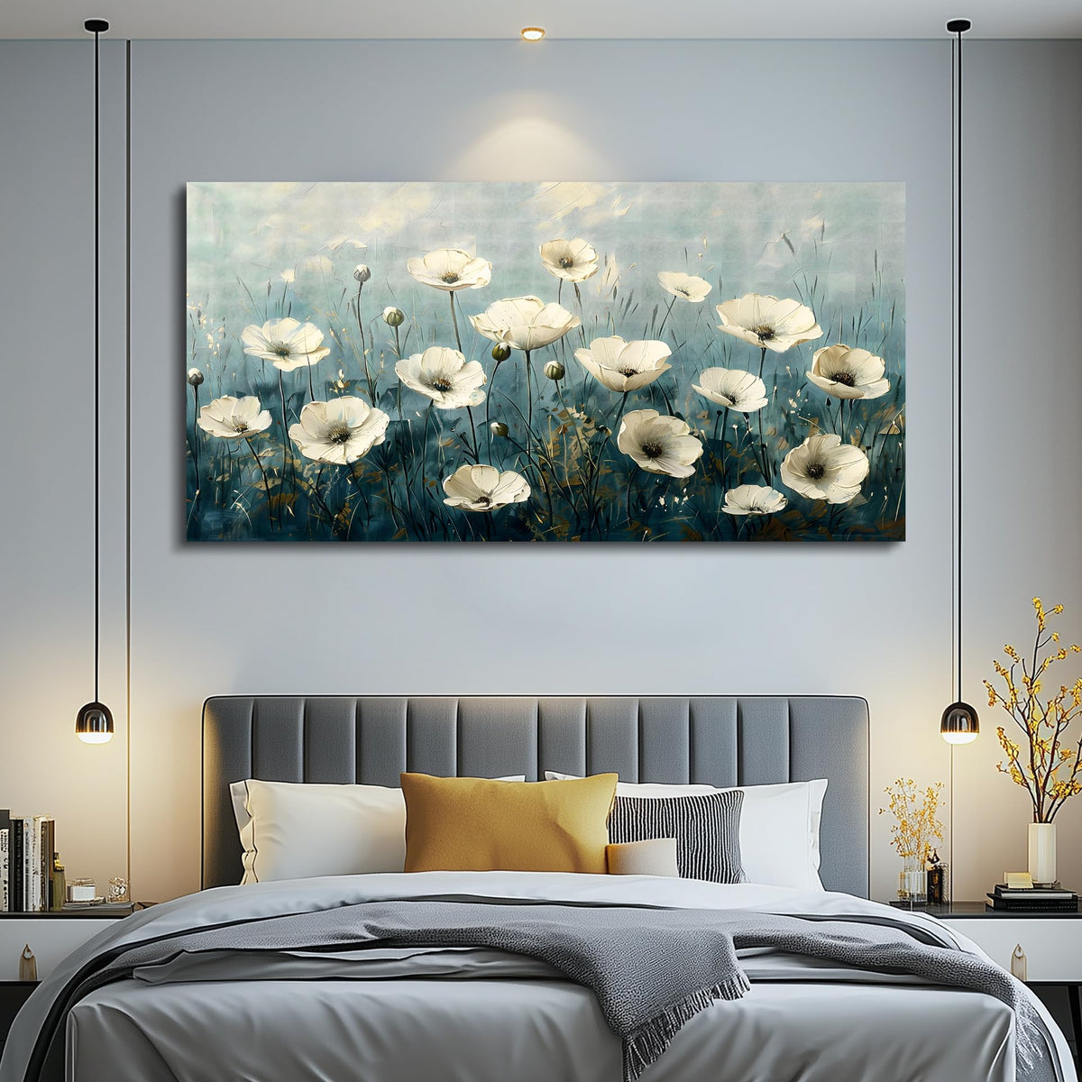 FUHAIHUA Canvas Wall Decor For Bedroom Wall Art For Living Room Office Decorations White Flowers Landscape Painting Modern Wall Pictures Artwork Farmhouse Posters Ready To Hang Home Decor 20x40 In