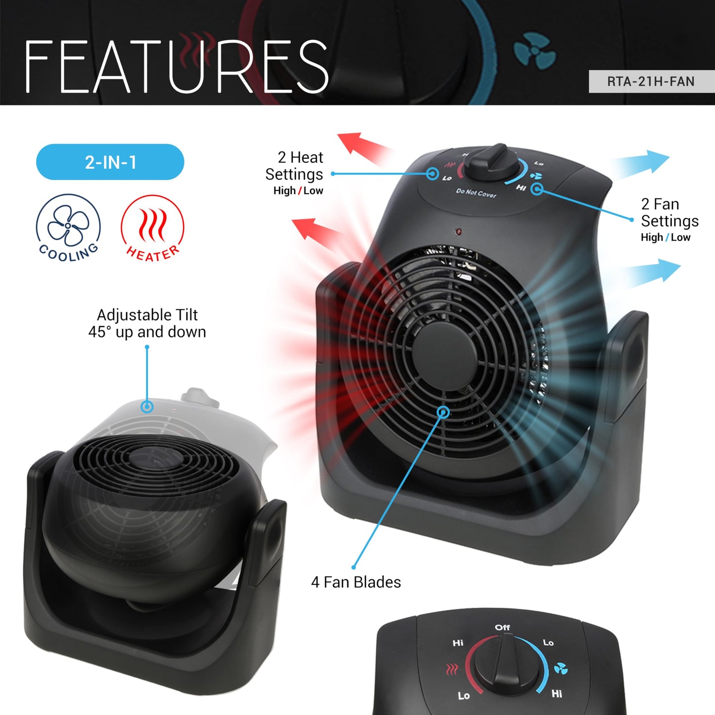 Techni Home Dual Comfort 2-in-1 1500W Space Heater & Fan, Portable, Energy Efficient Electric Heater or Fan with Adjustable Tilt for Indoor Use, Compact Personal Heater for Home and Office