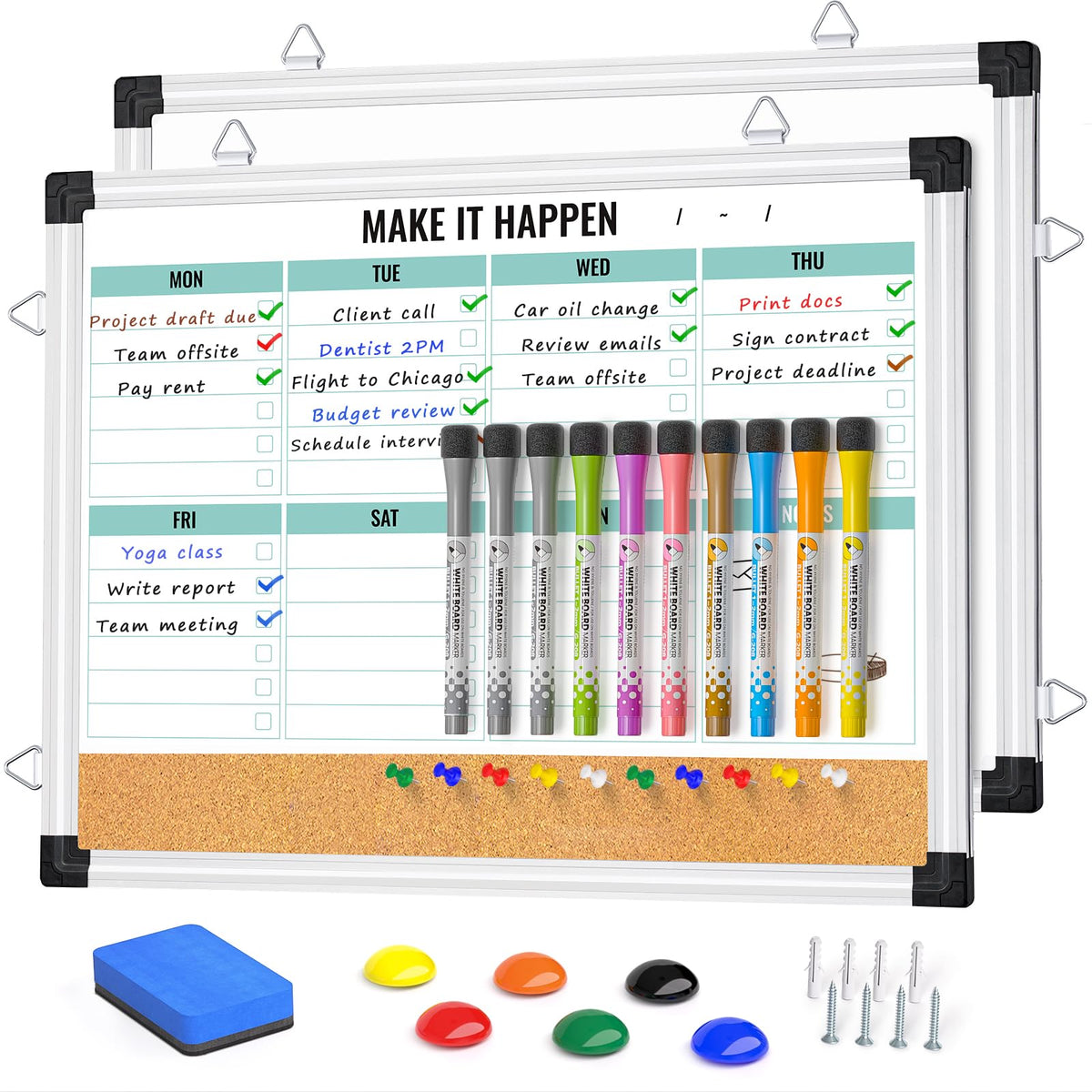 Marsrock Weekly Dry Erase Board and Cork Board Combo for Wall, 17"x13" Reversible Hanging Dry Erase Board, Double Sided White Board with Aluminum Frame for Planning, Office, Kitchen, School, Home