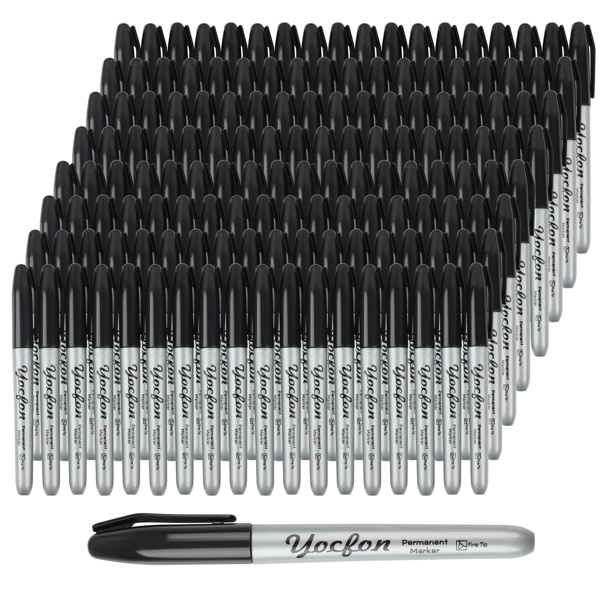Yocfon Permanent Markers Bulk, 144 Count Black Permanent Markers Set, Fine Tip, Waterproof Markers, Works On Plastic, Wood, Stone And Metal For Doodling, Marking