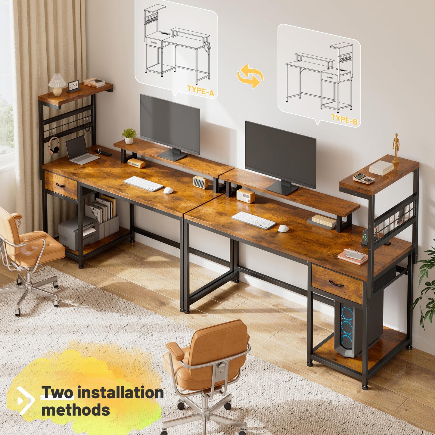 EnHomee 48" Computer Desk with Power Outlets & LED Lights, Gaming Desk with Drawer & Storage Shelves, Reversible Home Office Desk with Monitor Stand, for Living, Study Room, Gaming Room, Rustic Brown