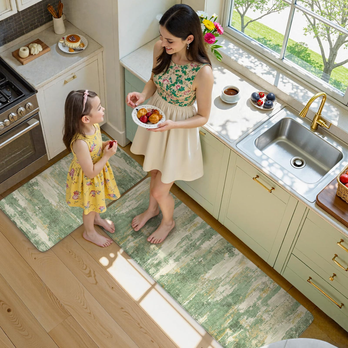 Collive Kitchen Mats Cushioned Anti Fatigue, Modern Abstract Non Slip Kitchen Floor Mat Waterproof Green Sink Rug 2 Piece, Comfort Desk Standing Rugs for Bedroom, Office, Laundry, 17"x29"+17"x47"