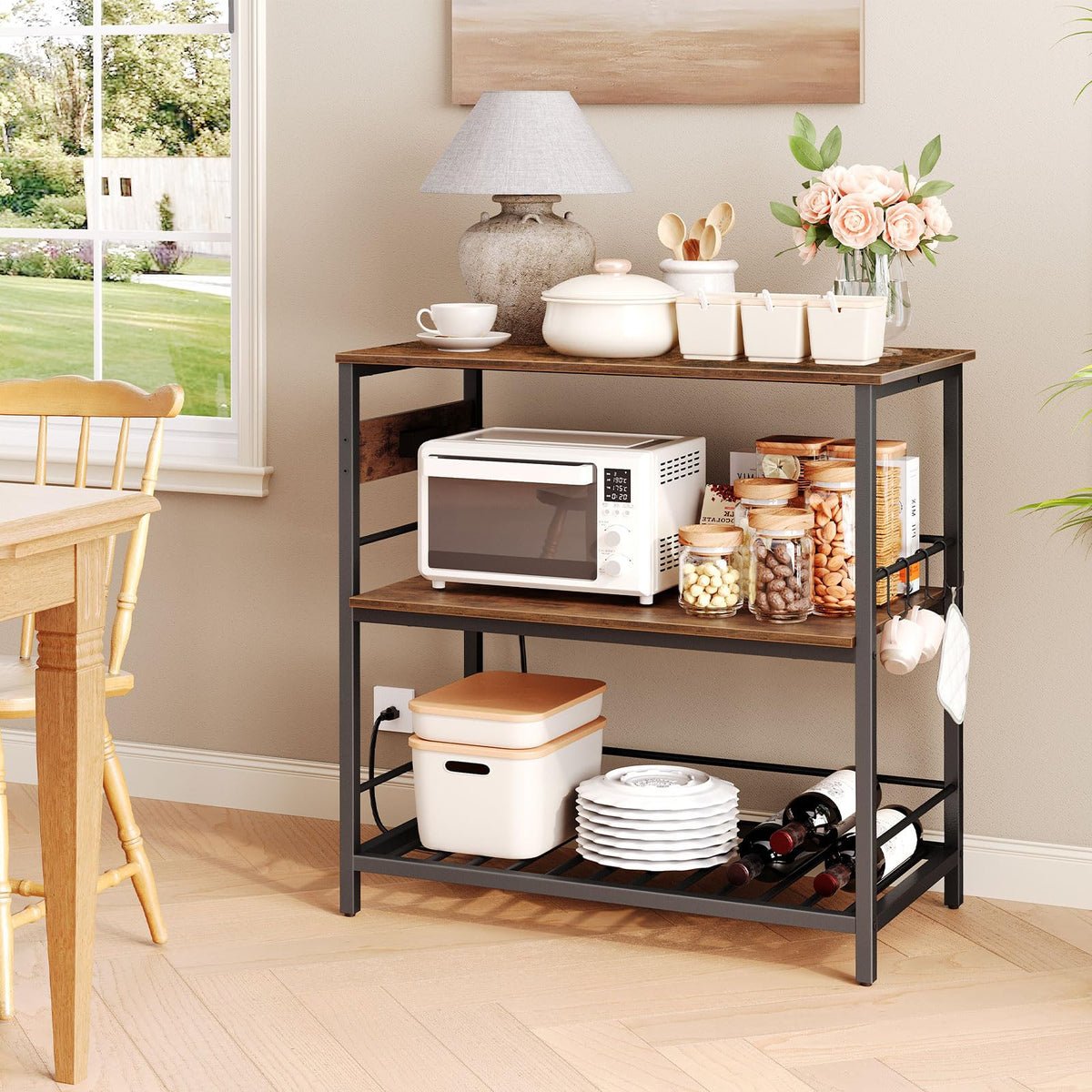 HOOBRO Kitchen Island with Storage, Kitchen Island Table with Power Outlet, 47.2" L 3 Tier Kitchen Counter and Microwave Stand, for Home, Kitchen and Dining Room, Rustic Brown and Black BF120UZD01