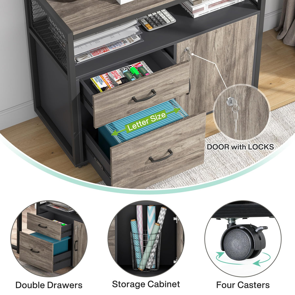 Tribesigns Grey Executive Desk with Cabinet, 55" L Shaped Computer Desk and lateral File Cabinet with Locks, 2 Piece Home Office Furniture Set for Hanging
