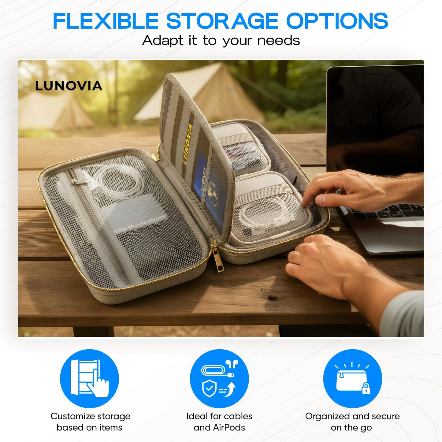 Lunovia Hard Shell Tech Organizer – Protective Travel Case for Cables, Chargers & Accessories | Mid-Size Electronics Organizer with Removable Pouches