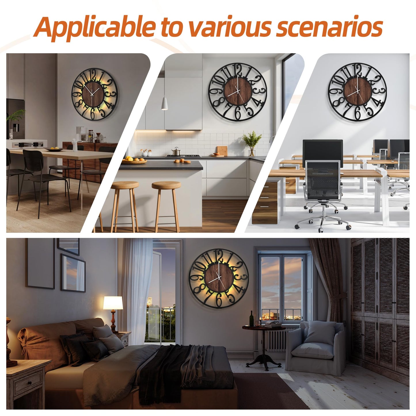 LEIKE Large Wall Clocks with Night Light Battery Operated,Silent Non Ticking,Rustic Modern Big Wood Clock for Living Room, Bedroom,Kitchen,Farmhouse,Office,Home Decor-20 Inch(Black-Arabic Number)