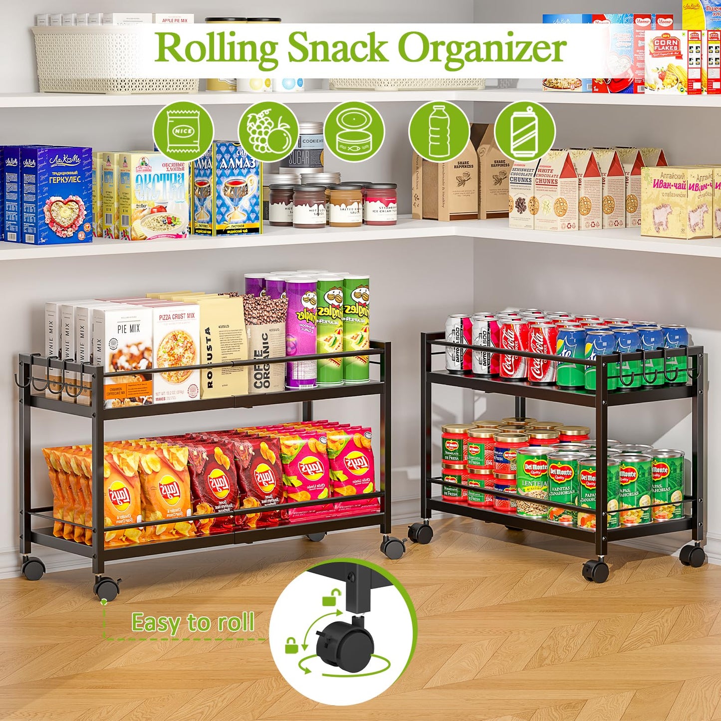 1 Pack 2-Tier Expandable Pantry Floor Organizer Cart, Rolling Pantry Storage Cart with Wheel, Adjustable Can Organizer for Kitchen Pantry, Pantry Shelves and Storage Rack for Snacks, Vegetables, Black