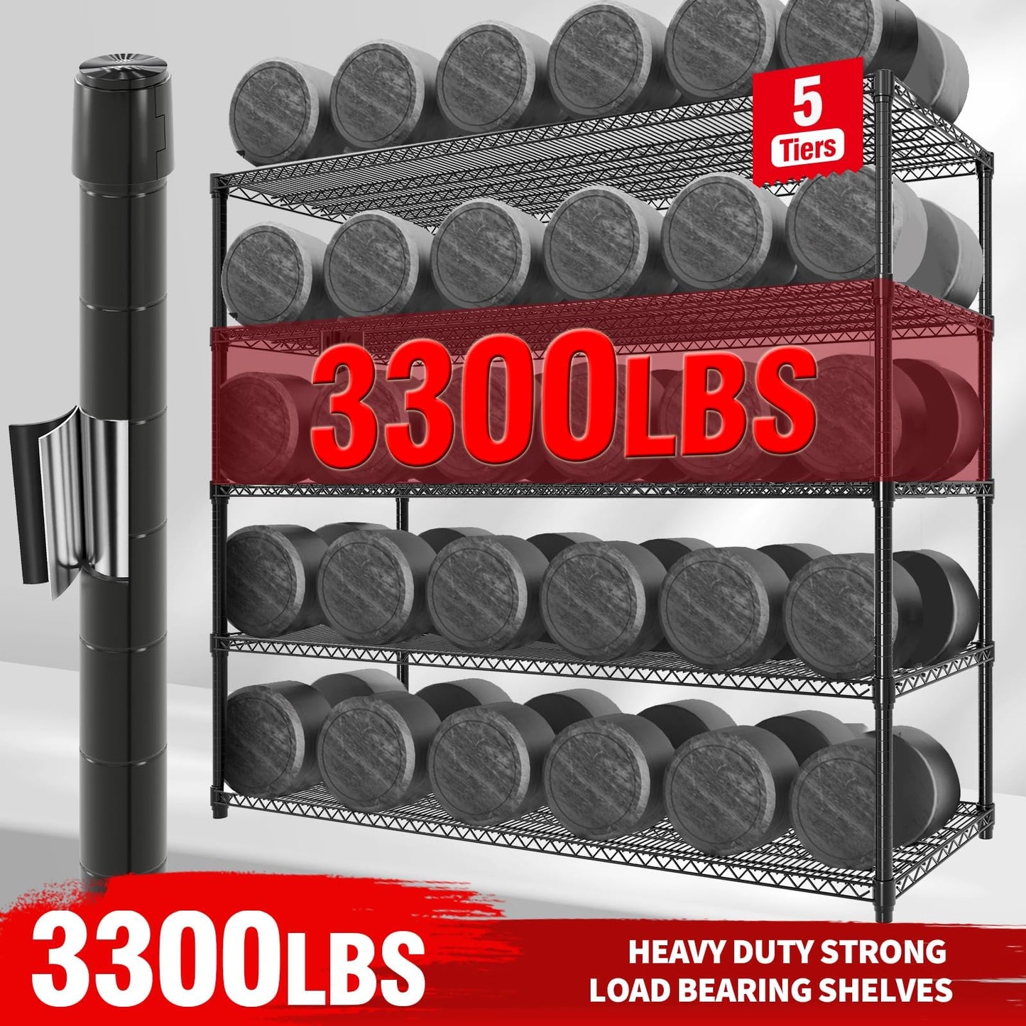 EliteEdge 5-Tier Tall Steel Garage Shelving with Wheels, Heavy Duty Storage Rack, 3300 Lbs Capacity, Adjustable Industrial Shelves for Garage, Workshop, or Warehouse, 23.6" D x 59" W x 82.6" H