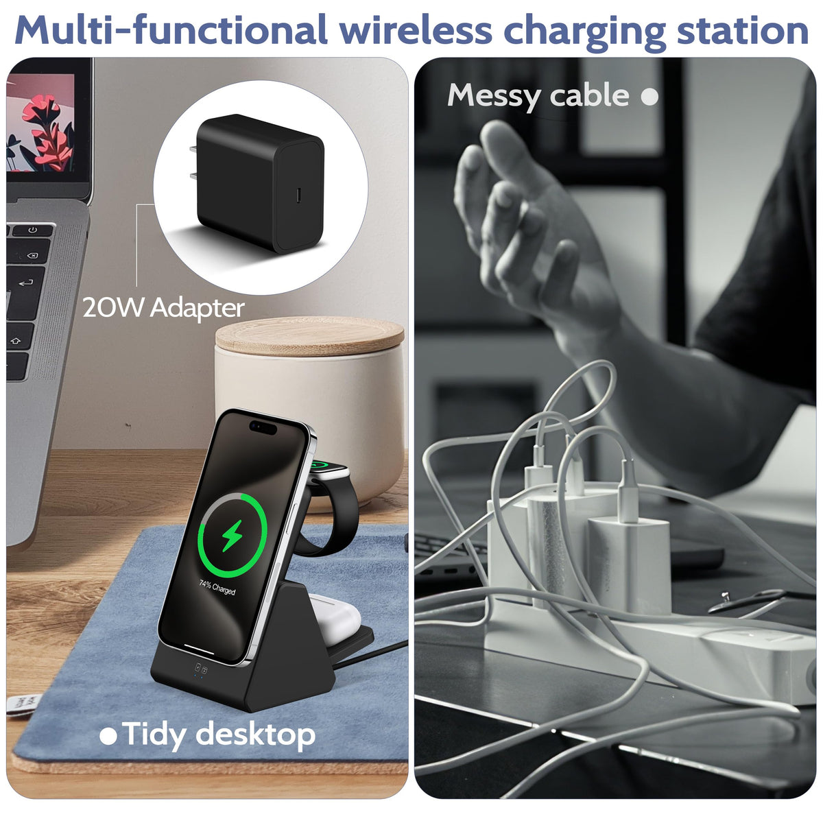 Smtcsl 3-in-1 Wireless Charging Station: Portable 10000mAh Power Bank Charger Compatible for Phone Air/17/16/15/14/13/12 Series and Watch - Detachable Magnetic Charging Stand Black