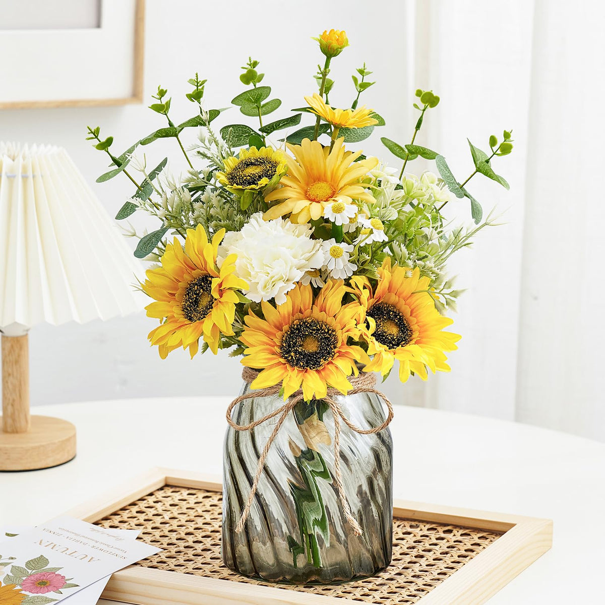 COZZI CODI Fake Flowers Artificial Sunflowers with Vase, Faux Silk Flowers Plants for Home Office Decorations, Kitchen Dining Table Decor, Farmhouse Centerpiece Table Decoration