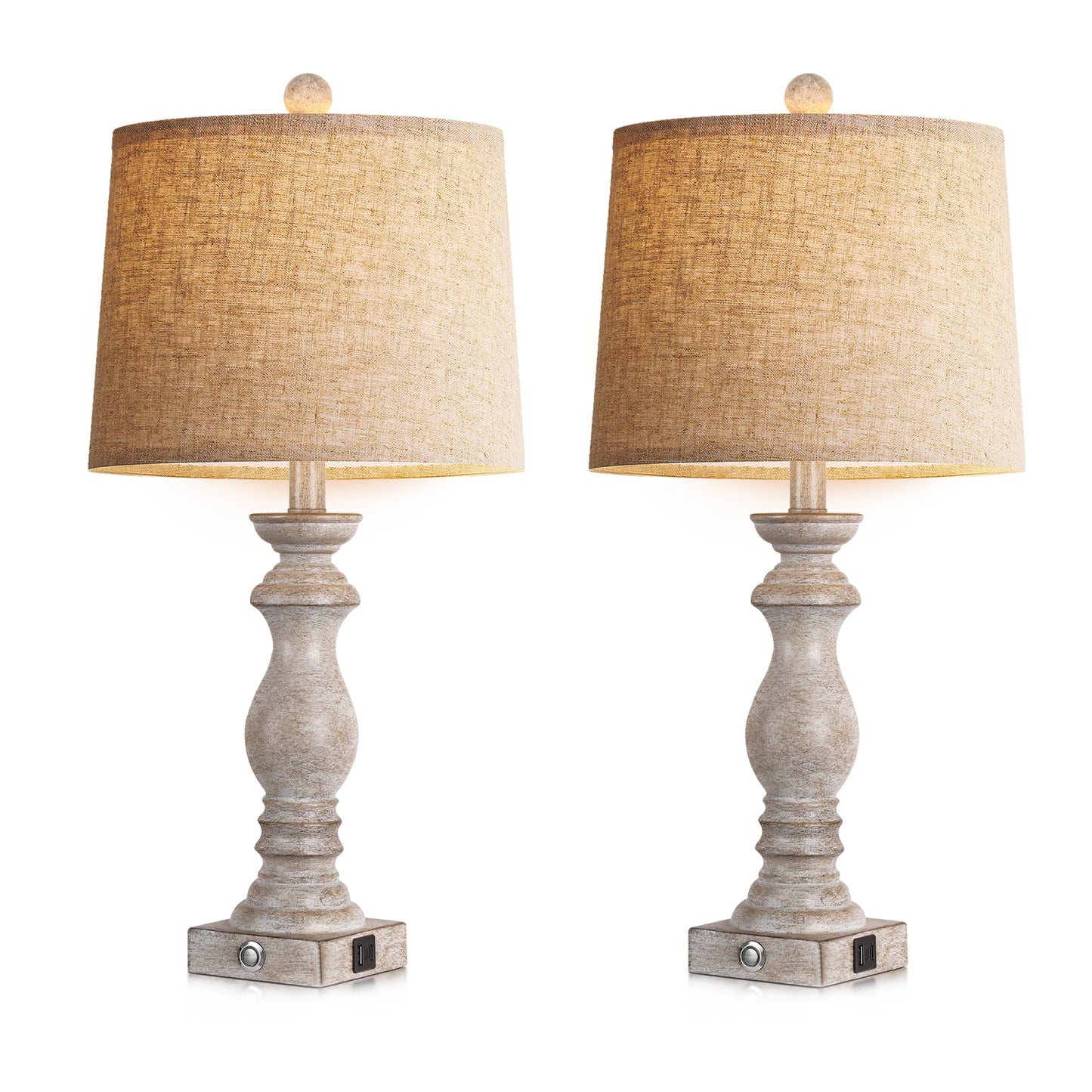 24.5" Table Lamp Set of 2, Rustic Farmhouse Bedside Lamps with USB A+C Charging Ports, 3-Way Dimmable Touch Control Nightstand Lamps for Living Room Bedroom, Antique Grey White, LED Bulbs Included