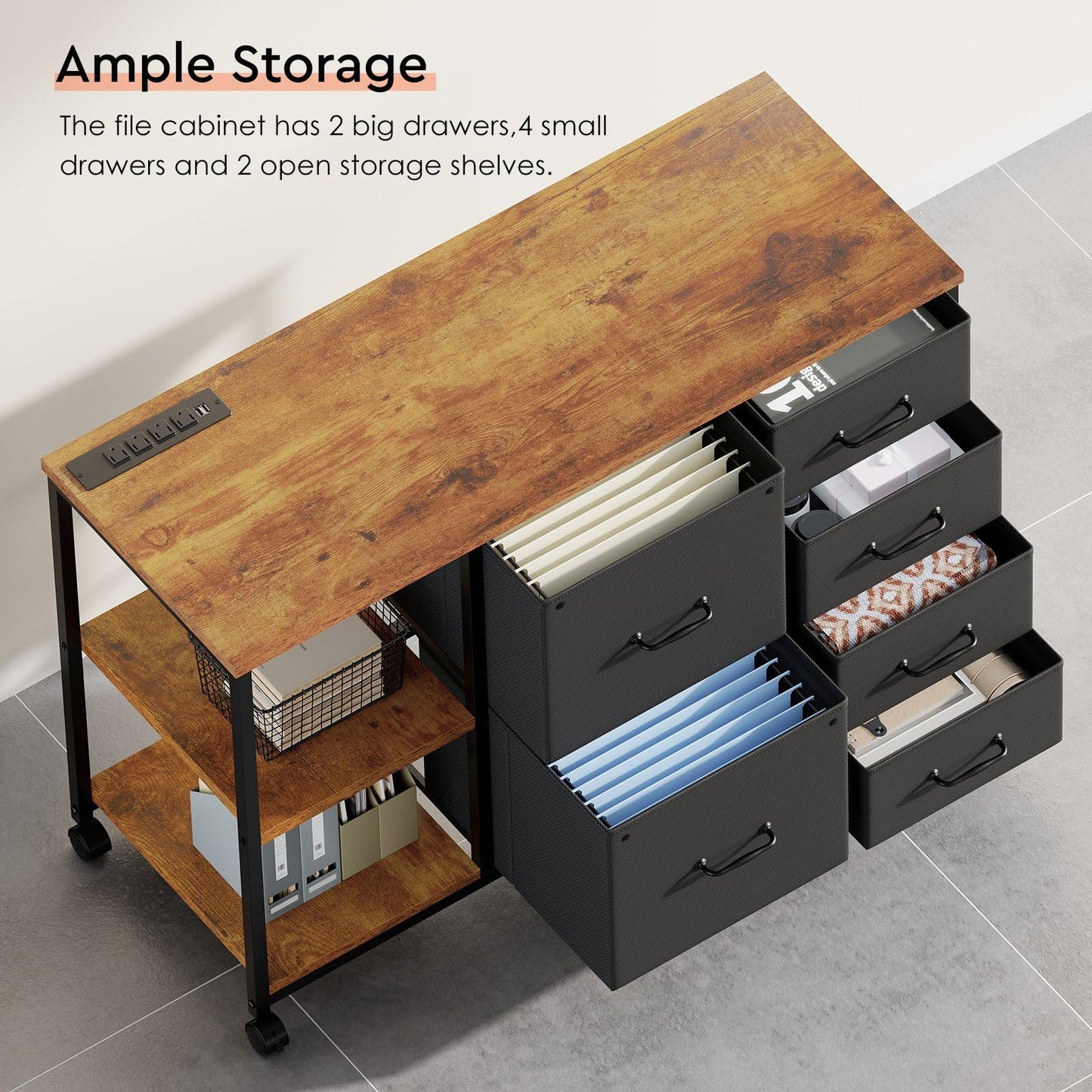 Maihail 6 Drawer File Cabinet with Charging Station Rolling Printer Stand with Open Storage Shelf Fabric Lateral Filing Cabinet for Home Office,Rustic Brown