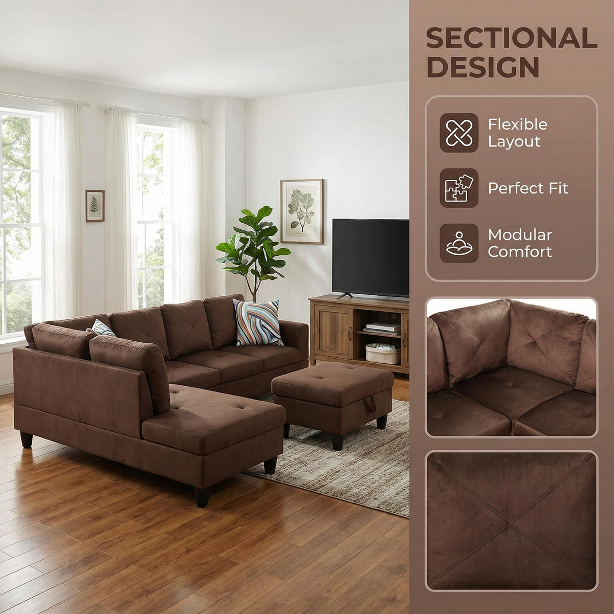 Trygoal 3-Piece L-Shaped Modular Leather Sofa – Convertible Sectional Couch with Movable Chaise & Storage Ottoman, Multi-Scene Use for Living Room, Apartment & Office, Brown