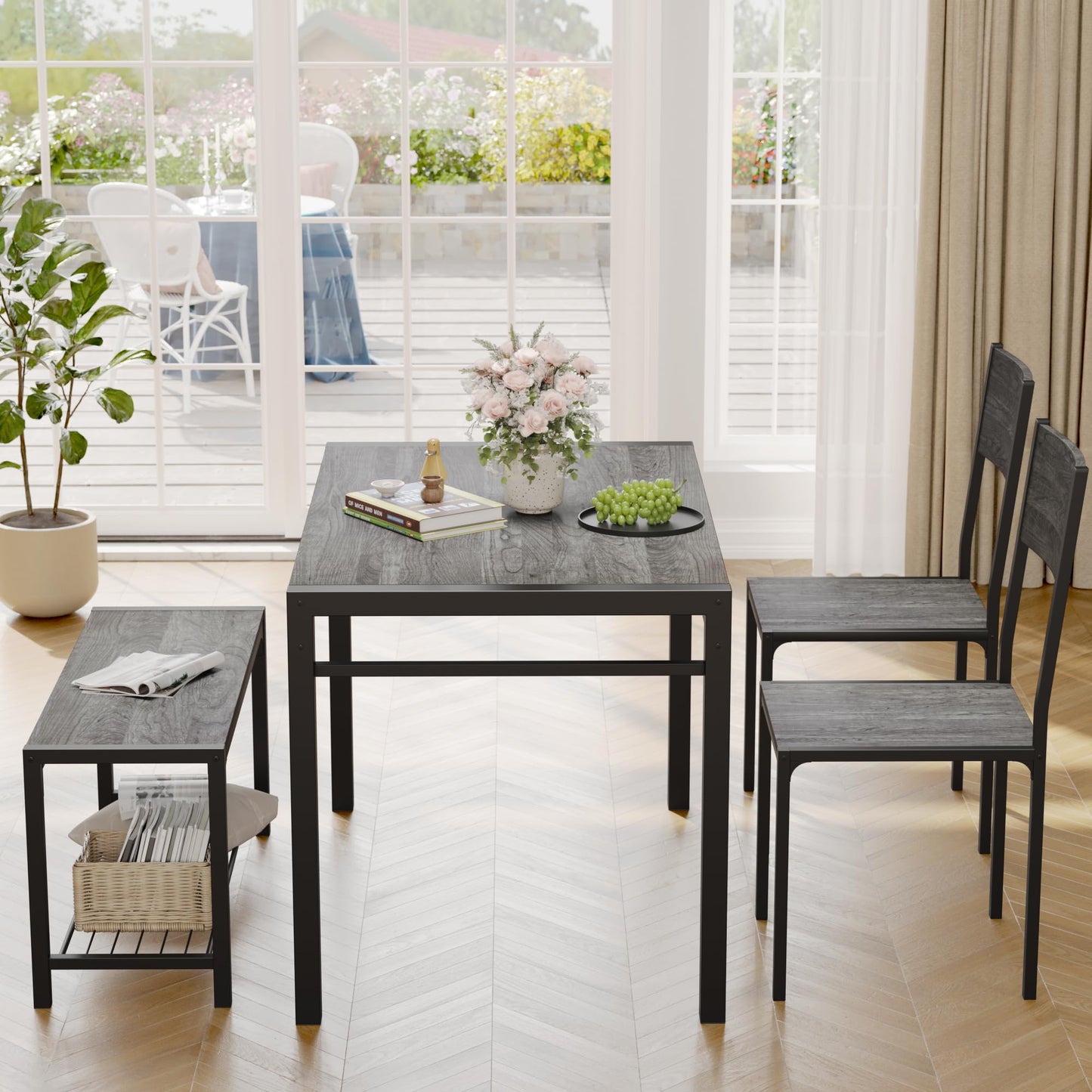 JUMMICO 43.3" Dining Table Set for 4, Kitchen Table with Bench & 2 Chairs Modern Rectangular Metal Frame Dining Furniture Set for Small Space (Grey)
