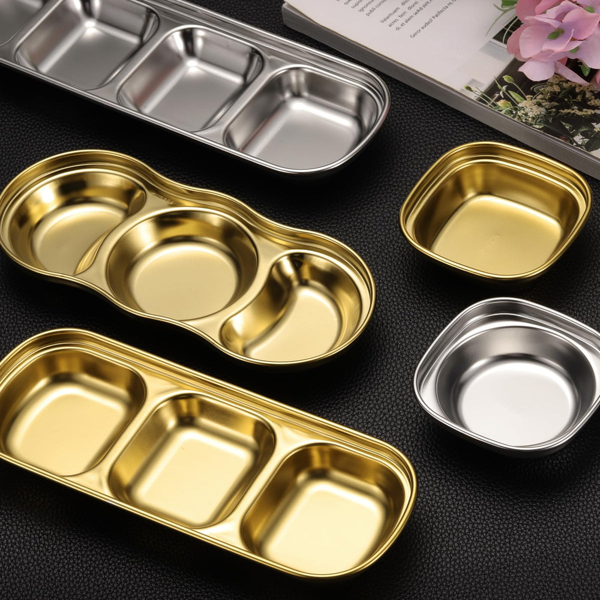 uxcell 6 Pack Stainless Steel Dish Dipping Bowls with 3 Round Compartment Divided, Metal Seasoning Plate Dipping Bowl for Condiment Home Party Restaurant Picnic Travel, Silver