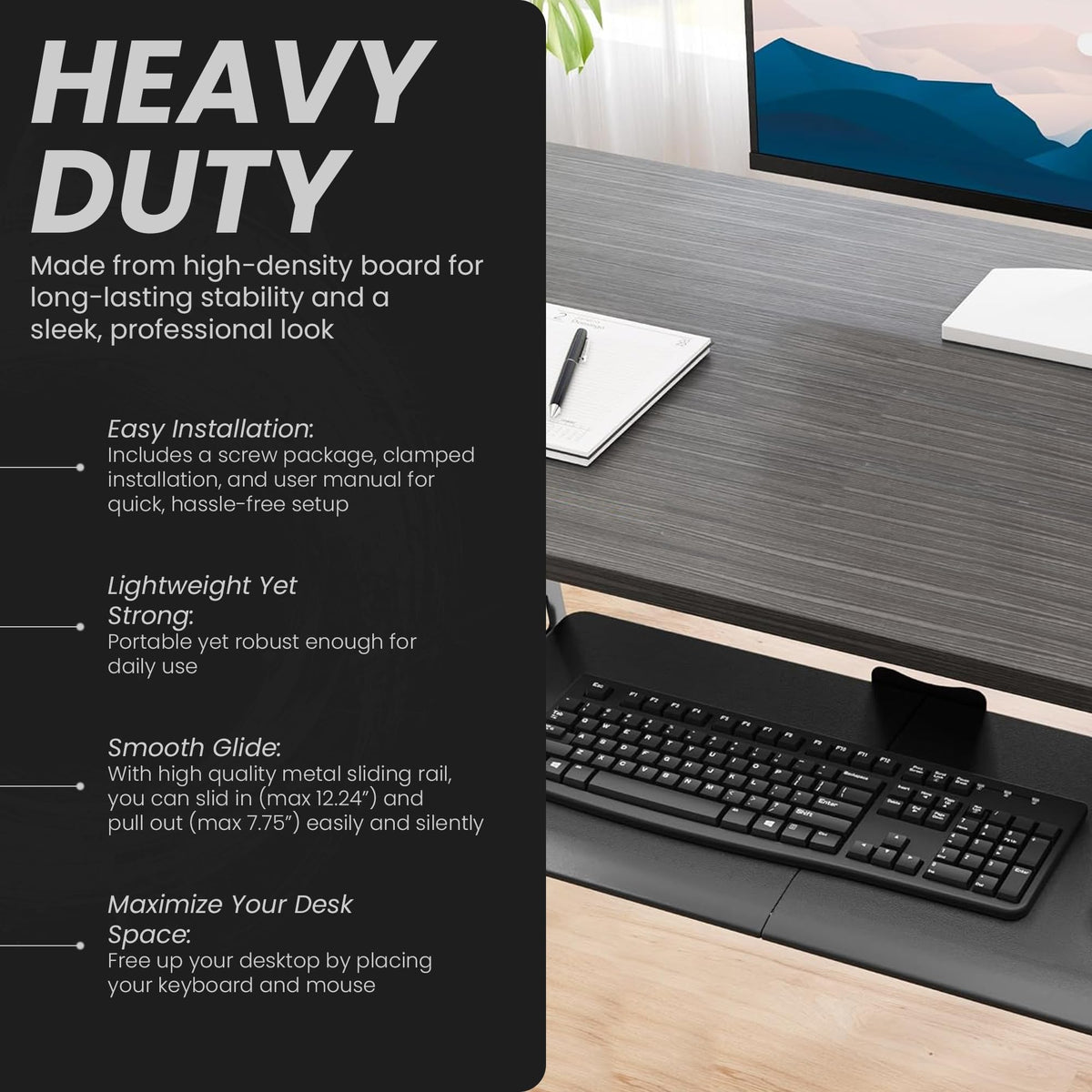Under Desk Keyboard Tray Slide Out, Clamp On Pull Out Drawer with Mouse Space, Fits Desks 10–50mm Thick, 25 x 9.8 Inch Ergonomic Keyboard Holder for Comfortable Typing at Home or Office