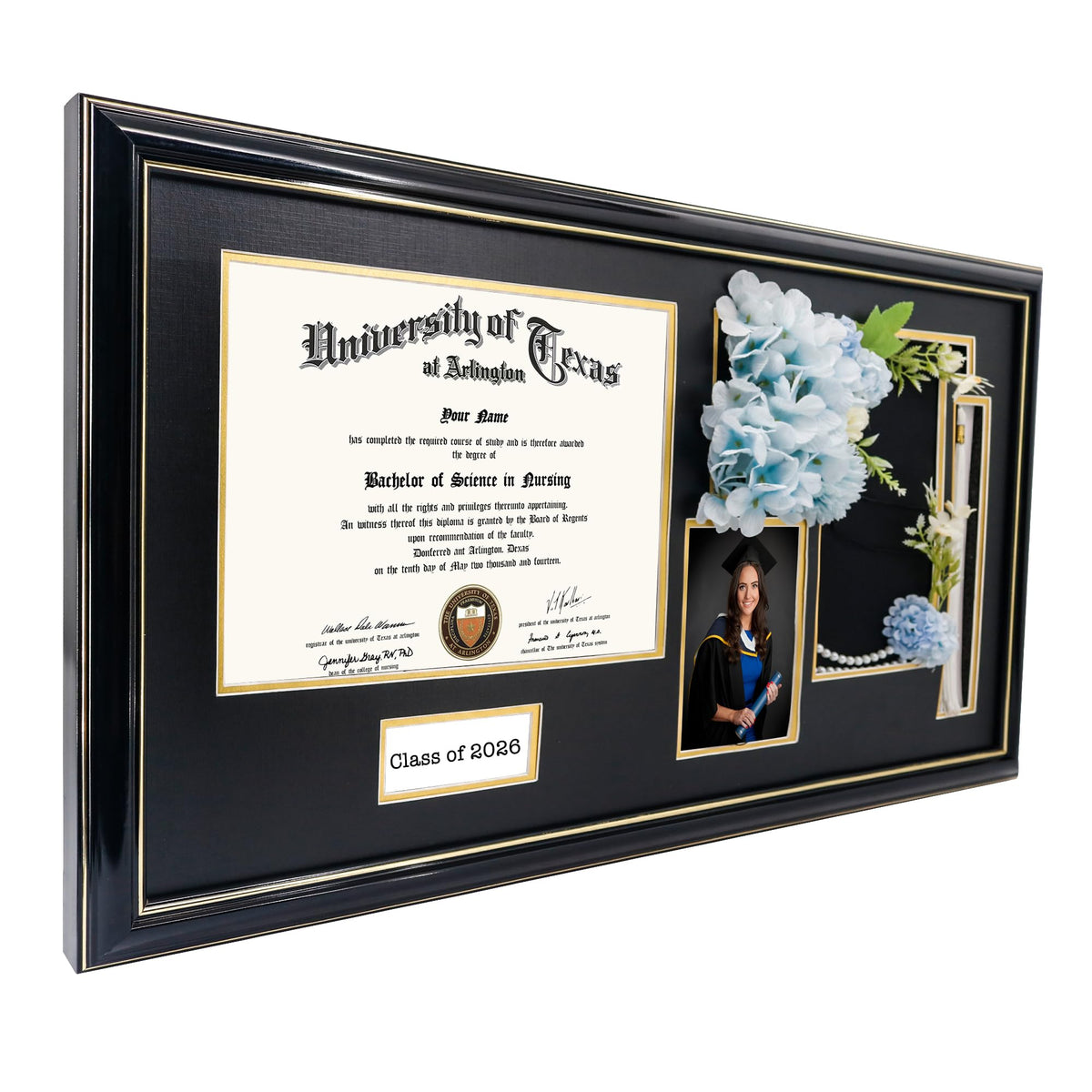 GraduationMall Class of 2026 Graduation Shadow Box Frame for 8.5x11 Diploma, 4x6 Picture with Cap & Tassel Holder, Black Wood Display Case with Black Gold Mat