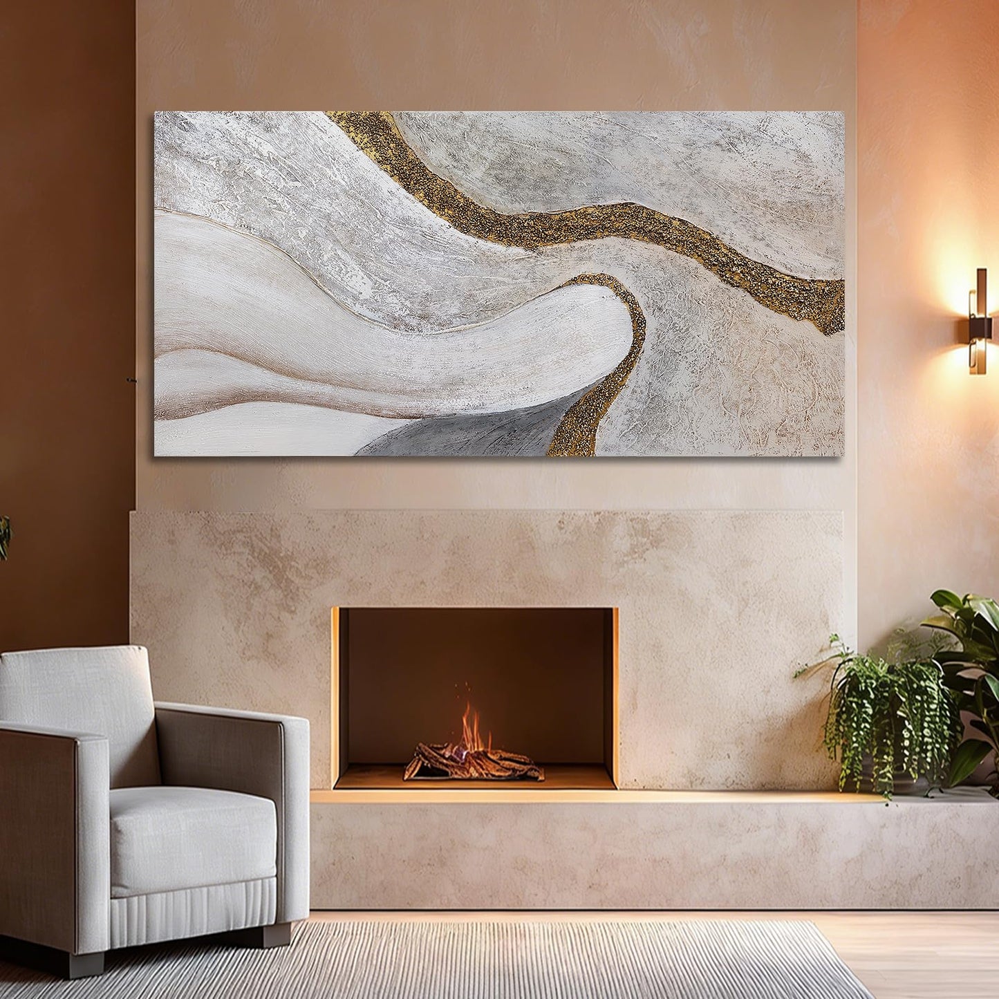 ZUNARE Modern White and Gold Abstract Canvas Wall Art Textured Posters Picture Flowing Line Design Minimalist Artwork for Living Room Bedroom Office Neutral Wall Decor 24x48 Inch