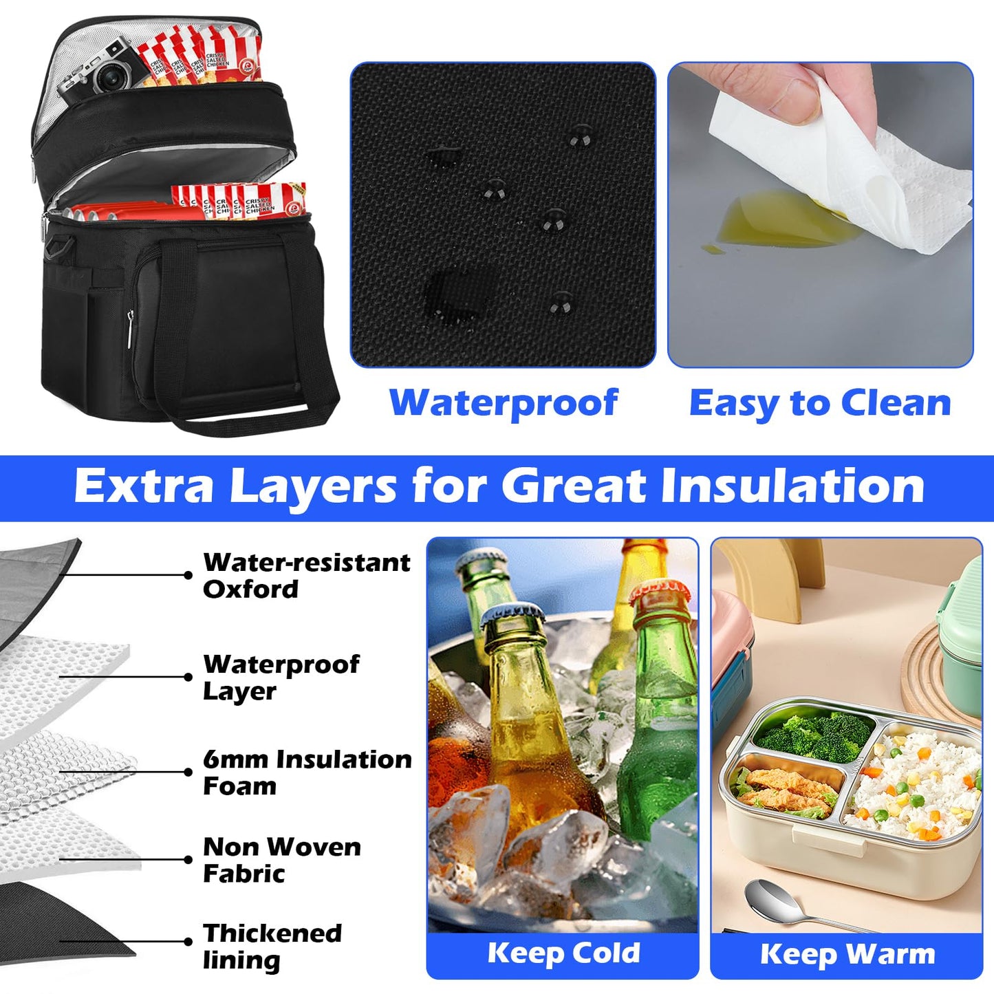 KALVATAY Insulated Lunch Bag, Lunch Box for Men, Double Deck Reusable Lunch Bag for Work Outdoor Picnic Day Trips - Heavy Duty Leakproof Cooler Bag Organizer for Adults(Black, 18L)