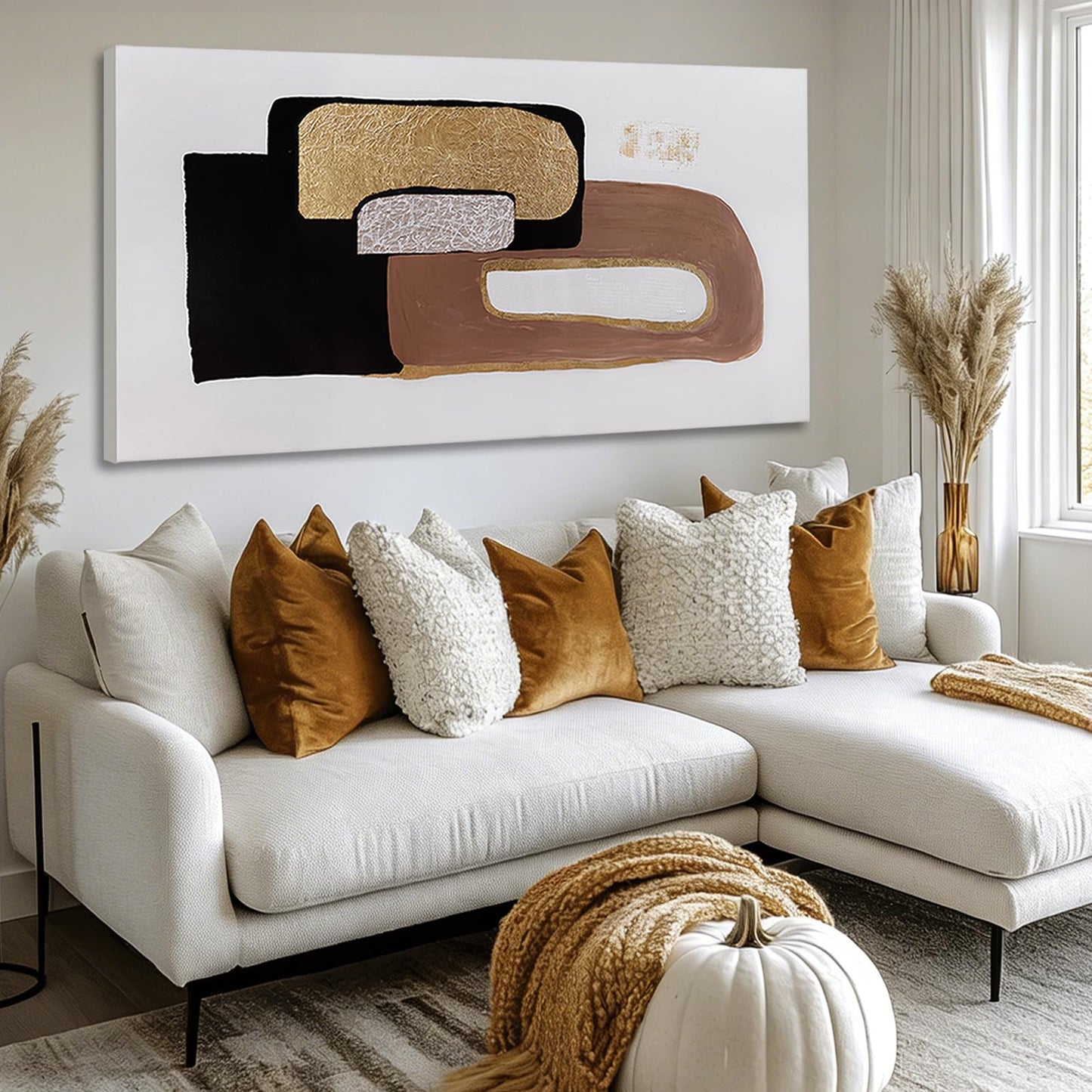 NBAODAN Minimalist Room Decor Black Brown and White Wall Art Modern Abstract Wall Decor Gold Foil Painting on Canvas Artwork for Living Room Bedroom 24x48 Inch