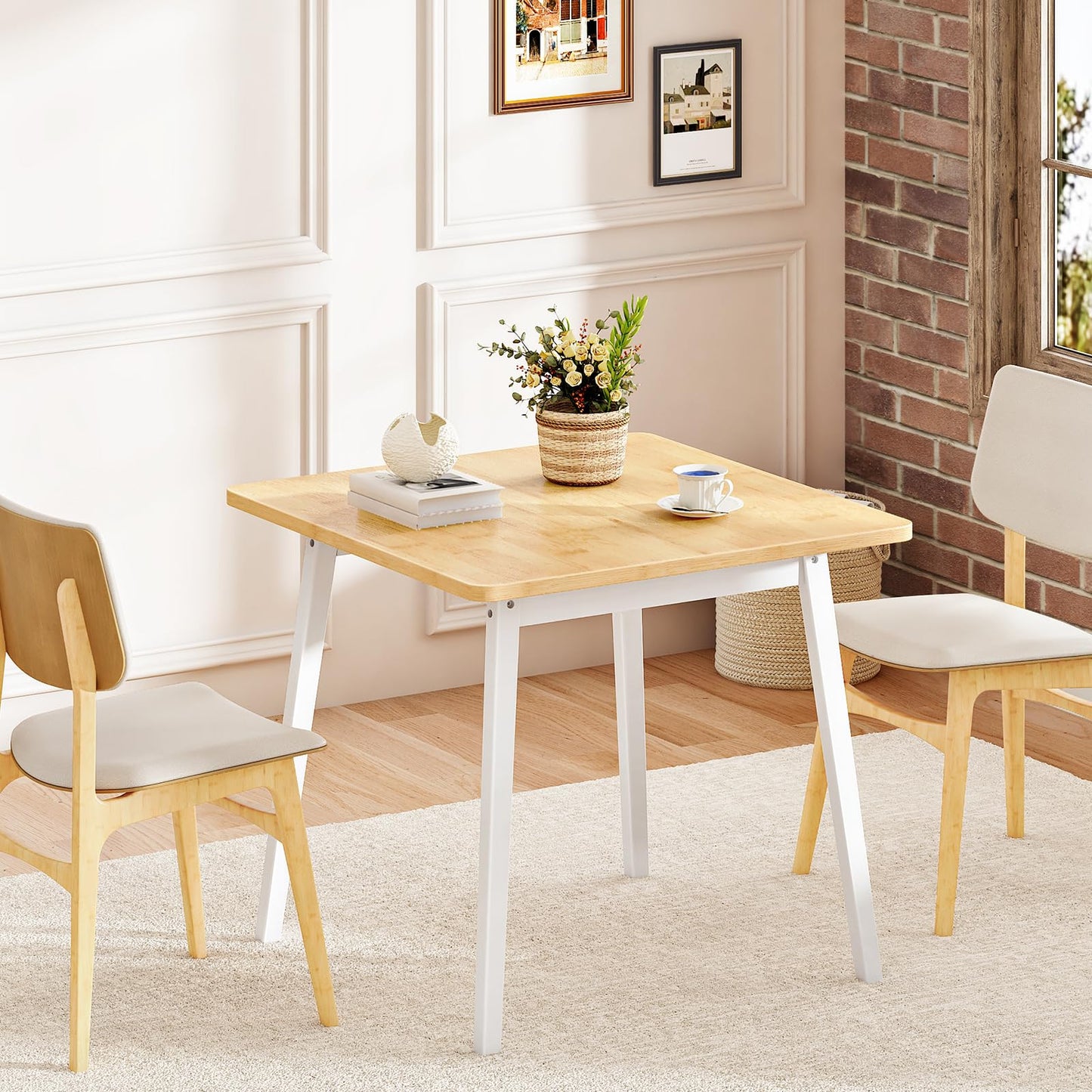 HOOBRO Bamboo Dining Table, Square Dining Table for 2, 27.6" Kitchen Table for Small Space, Writing Table, Easy to Assemble, for Dining Room, Living Room, Office, Kitchen, Natural and White YW70CZ01G1