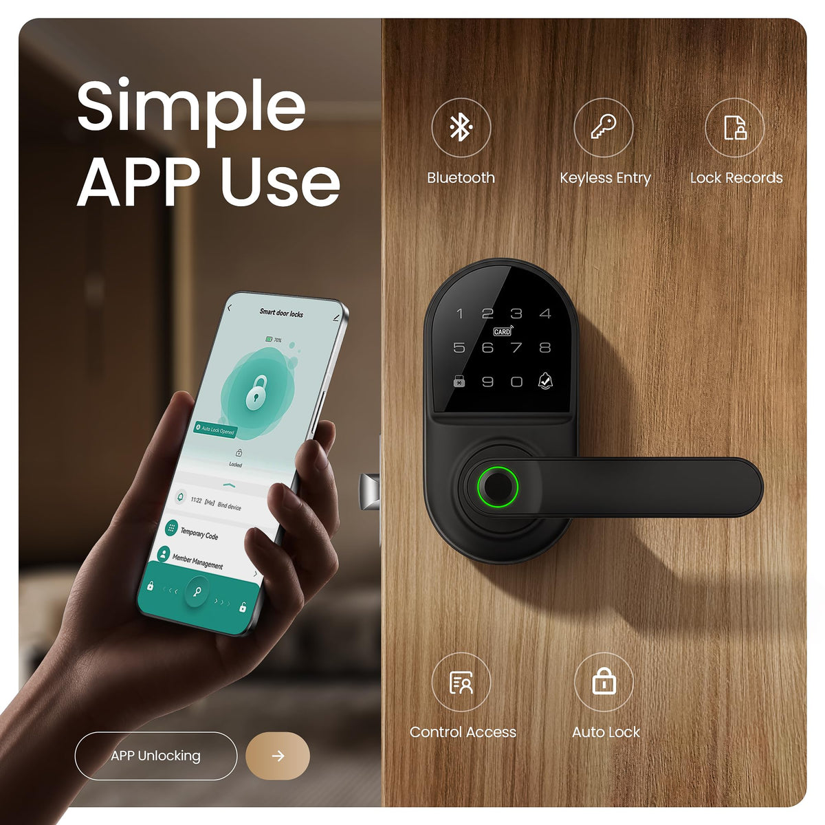 Leydebong Smart Door Handle Lock with Keypad, Fingerprint Smart Knob - Electronic Lock with Code, IC Card, App Control for Front, Interior, Exterior & Bedroom Door - DIY Installation