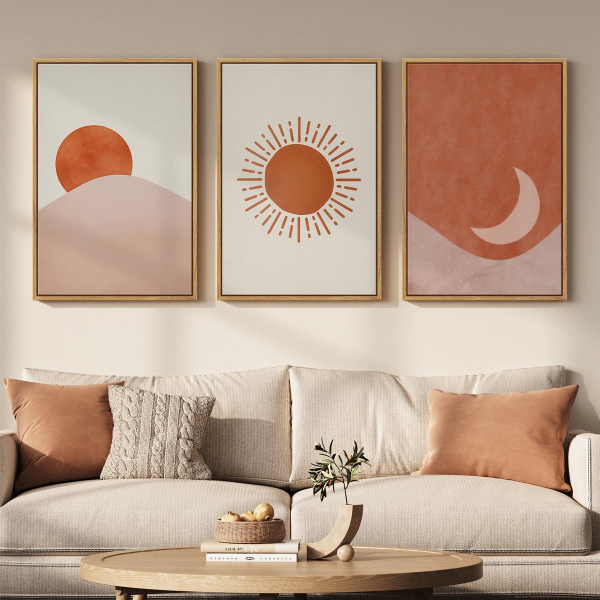 Framed Sun and Moon Boho Wall Art Bedroom, 3 Piece Abstract Minimalist Terracotta Canvas Painings Prints Artwork for Walls, Mid Century Modern Bohemian Pictures for Living Room Office Wall Decor, 16x24 Inch