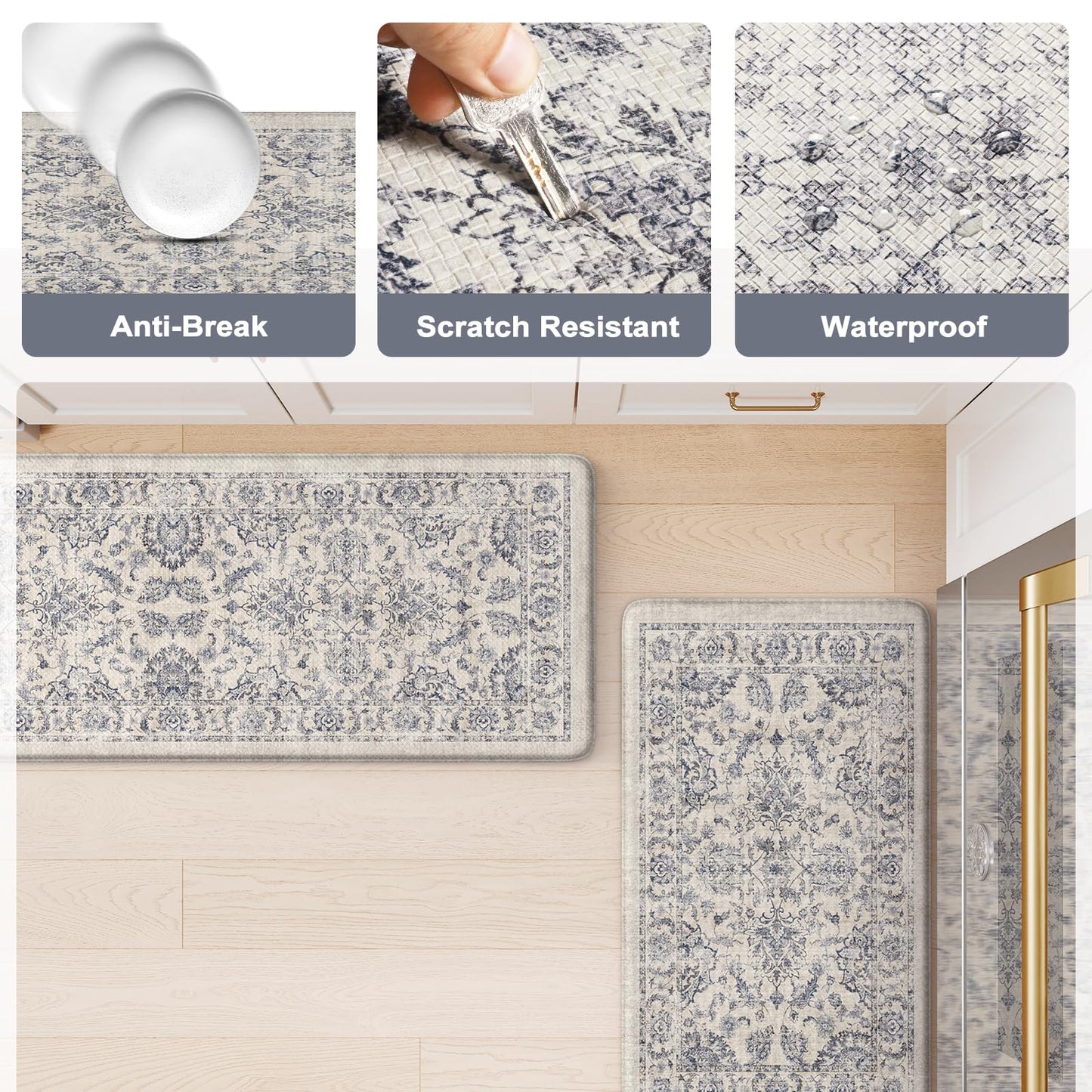 KIMODE Anti Fatigue Kitchen Mats for Floor, Boho Floral Kitchen Rugs 17"x29.5"+17" x47”, Cushioned Mats for Kitchen Floor, Non Slip Kitchen Floor Mats, Sink, Laundry, Office, Desk Blue Multi