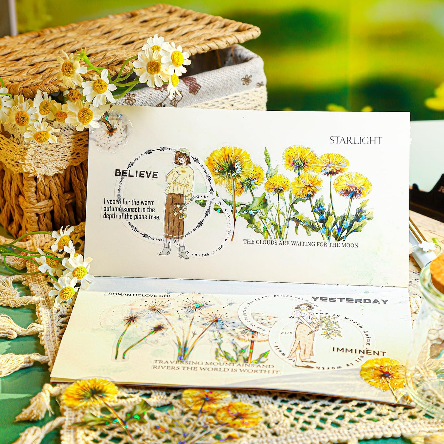 AuriicLeaf Dandelion Floral PET Stickers Set, 60PCS Holographic Botanical Flower Stickers for Scrapbooking, Journaling, DIY Crafts, and Art Supplies