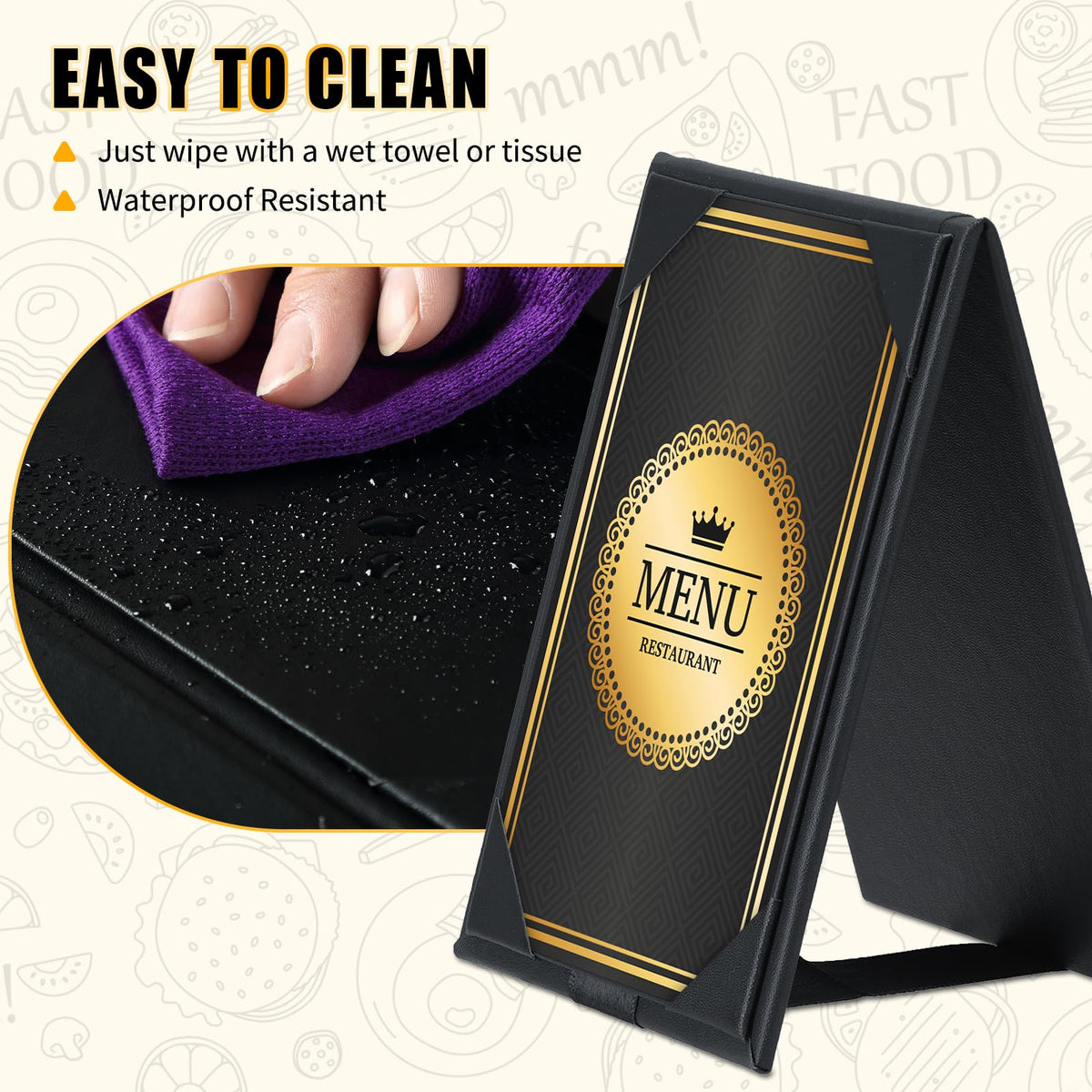 FLKQC 12 Pack Double-Sided Menu Holders 4"x 6", PU Leatherette A-Frame Table Tents for Restaurant, Bar, Cafe, Wedding, Durable and Foldable Design (12 pack, 4" x 6")