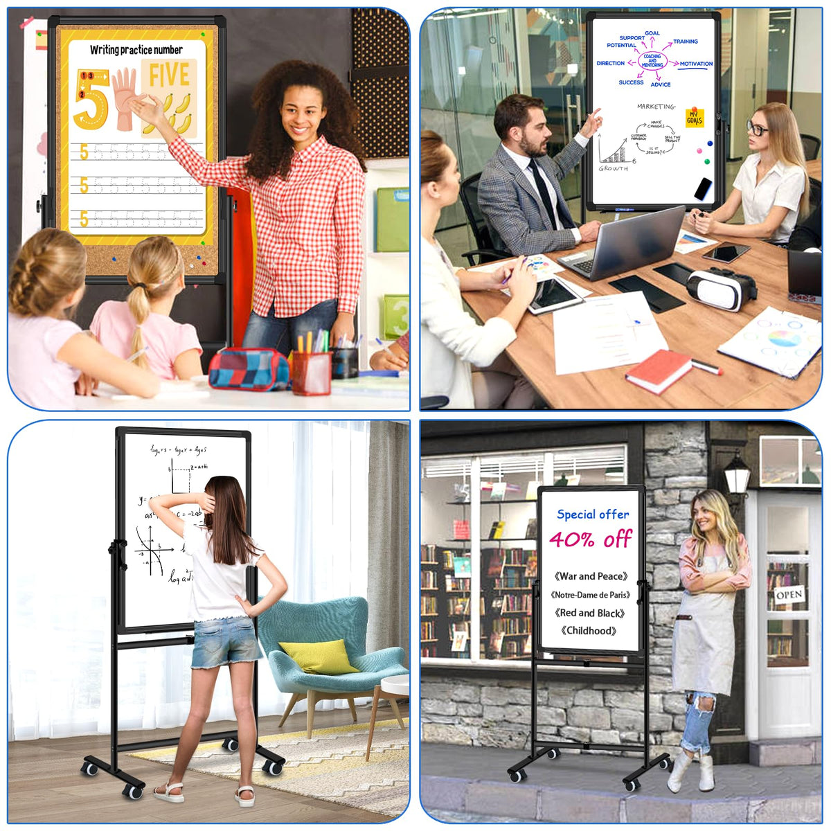 Max-officoo Double Sided Standing Corkboard and Magnetic White Board Dry Erase, 24"x36" Adjustable Height & Angle Mobile Whiteboard with Rolling Wheels