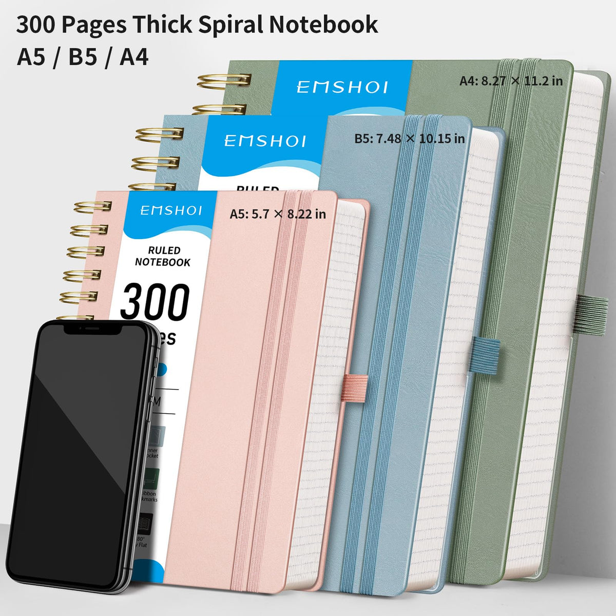 EMSHOI B5 College Ruled Spiral Notebook, Thick 300 Numbered Pages, 100GSM Ink-Proof PU Leather Hardcover Lay-Flat Lined Journal for Work Office School Writing, 7.48"x10.15", Light Green