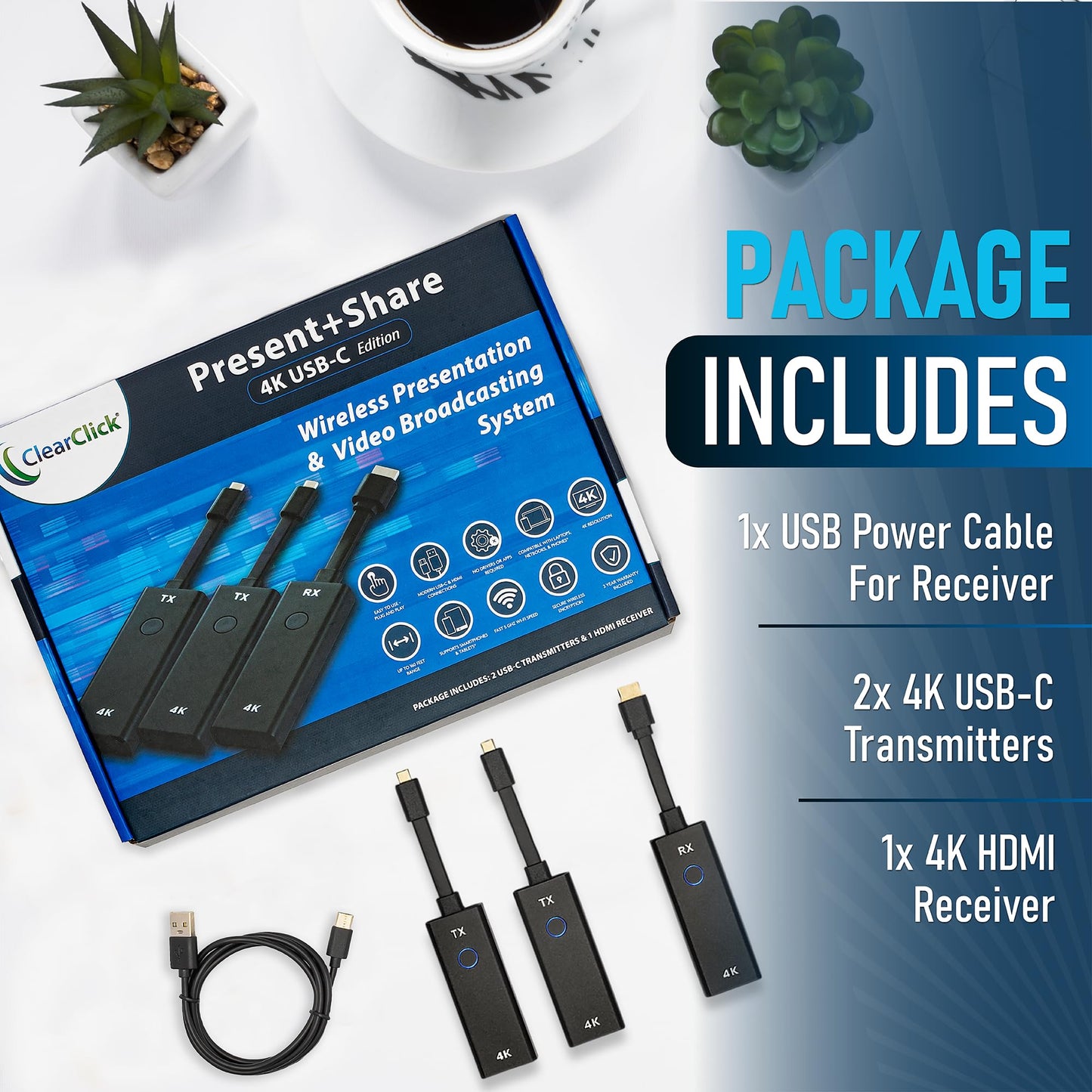ClearClick Present+Share (4K USB-C Edition) - Wireless Presentation & Video Broadcasting System for Laptops & Smartphones (Two 4K USB-C Transmitters, One 4K HDMI Receiver)