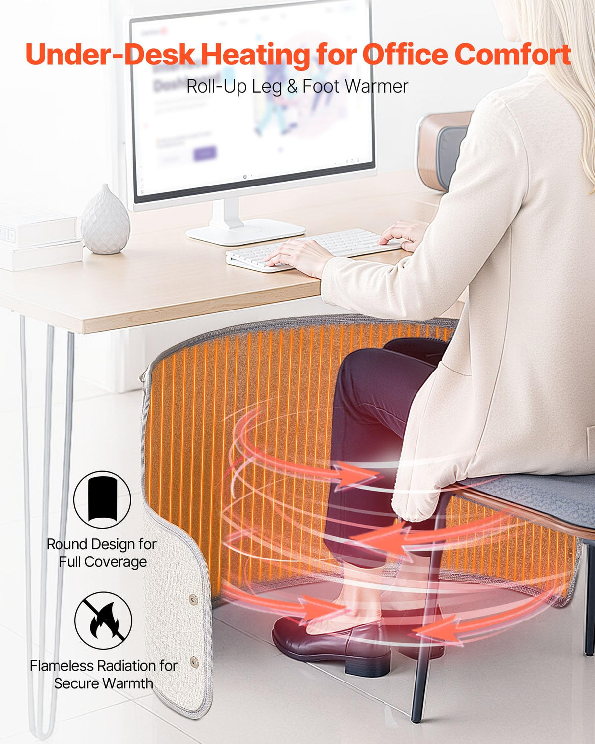 VEVOR Under Desk Space Heater,Rollable Foot Warmer Portable for Home&Office,Timer & Secure,Quiet for Legs,Ankles,Touch&Remote Control Personal Electric Round Surround Warming Pad,Over-Heat Protection