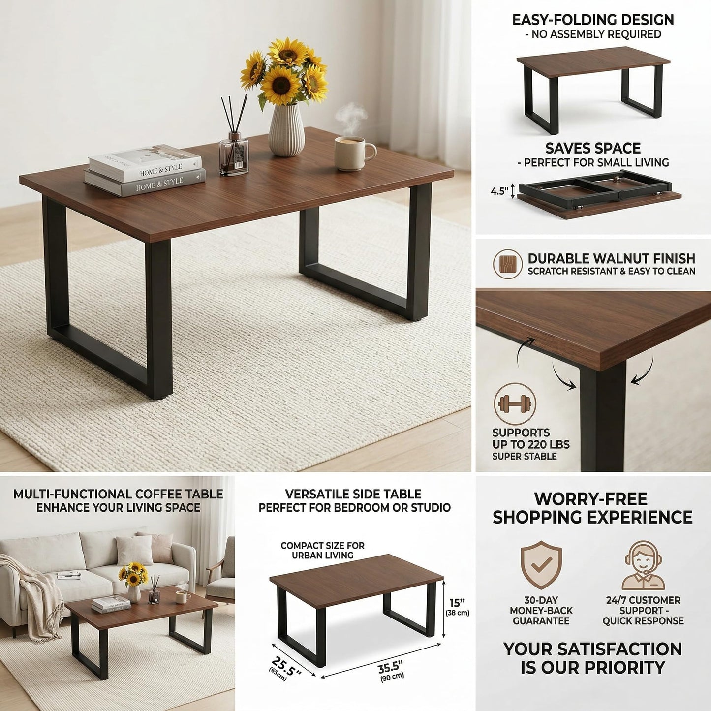 kiwonlonker Walnut Folding Coffee Table: 35.5in Rustic Industrial Coffee Table, No Assembly Required, Modern Minimalist & Easy Storage Compact Design for Living Room, Bedroom, Home Office, Brown