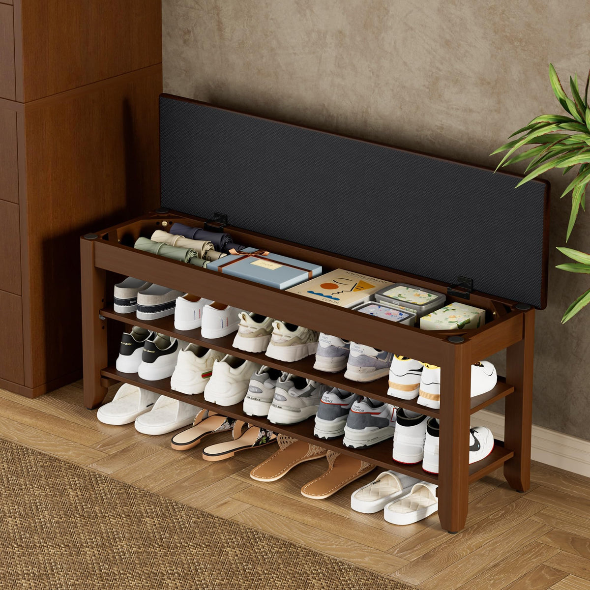 Homleke Shoe Rack Bench with Flip-Top Storage, Solid Wood Entryway Bench with Cushion, Adjustable Shelf, for Hallway, Mudroom, Closet – Walnut, 39.4"