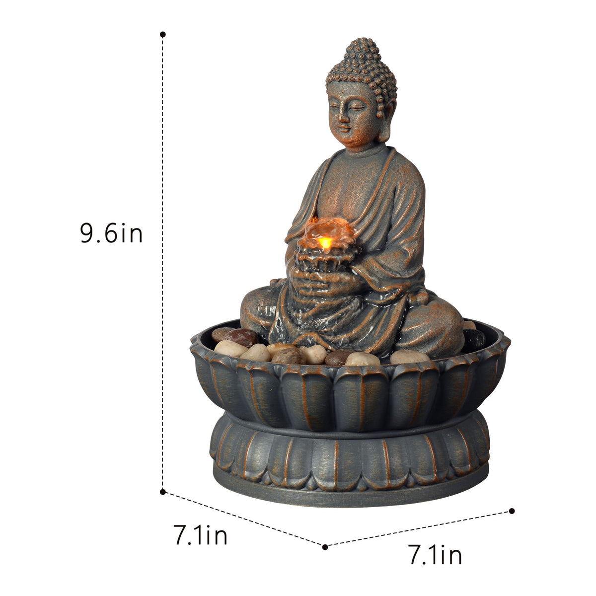 Kalona Home Décor 9.6" Tabletop Fountain Exquisite Smile Sitting Buddha Fountains Desk Water Fountain Decorative Zen Fountain w/Reflective Lighting/Cobblestone Office and Home Decor(21125A)