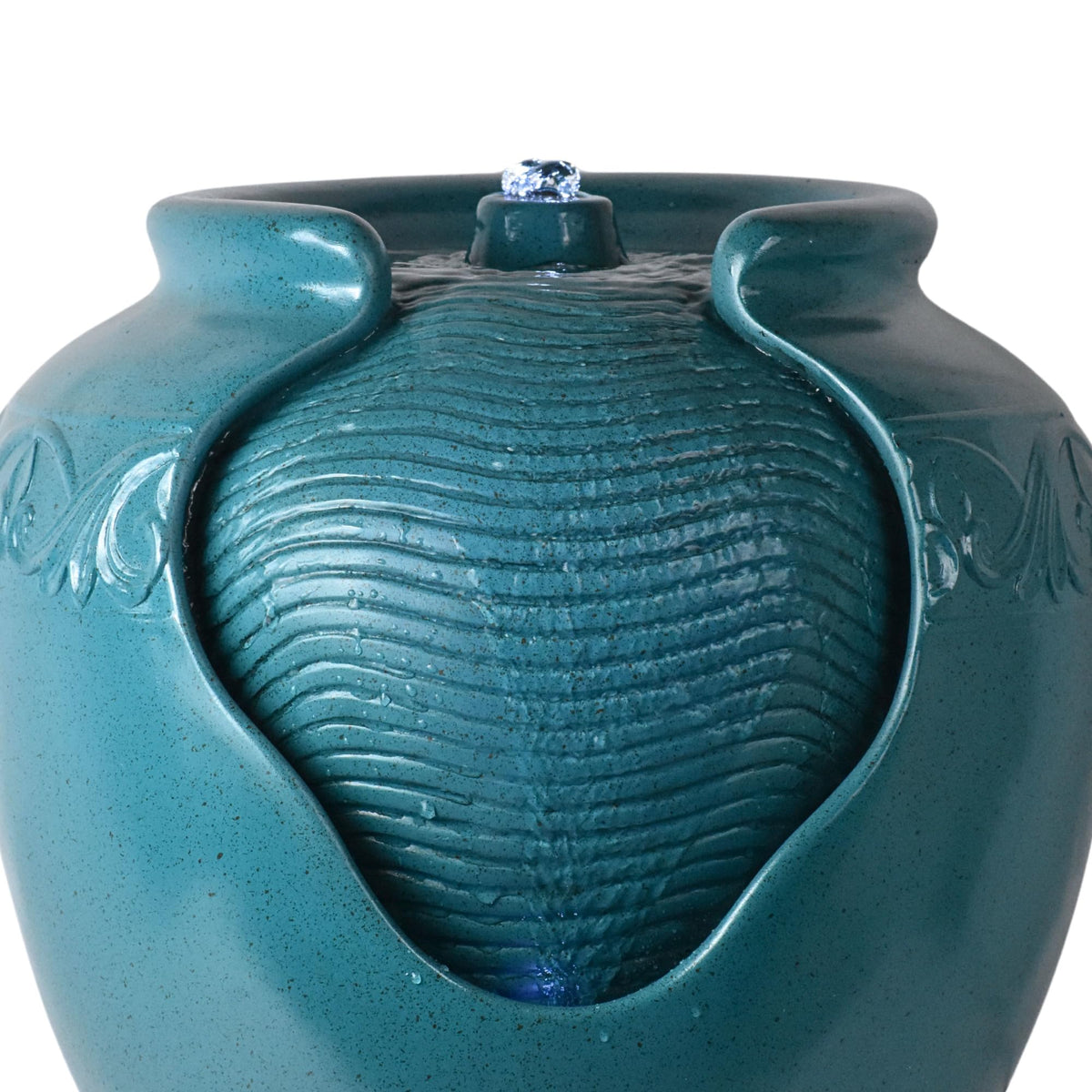 Teamson Home Floor Glazed Pot Water Fountain with Built-in LED Light and Pump for Outdoor Indoor Patio Garden Backyard Decking Home Décor, 17 inch Height, Teal