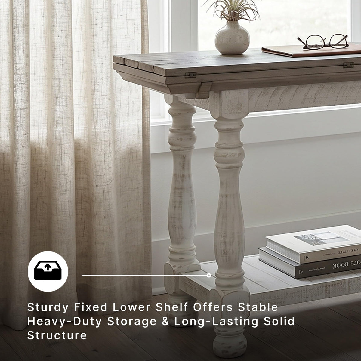 Signature Design by Ashley Havalance Farmhouse Sofa Table, Flip Top Design for Additional Dining Space and Fixed Lower Shelf, Gray & White with Weathered Finish