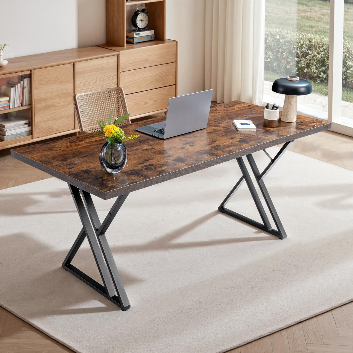 Younhomedge 70.9Inch Office Desk, Executive Office Desk，Modern Industrial Style, Z-Shaped Table Legs, Country Black Wood Grain Top, for Home Office, Study, Conference (Iron Wood)