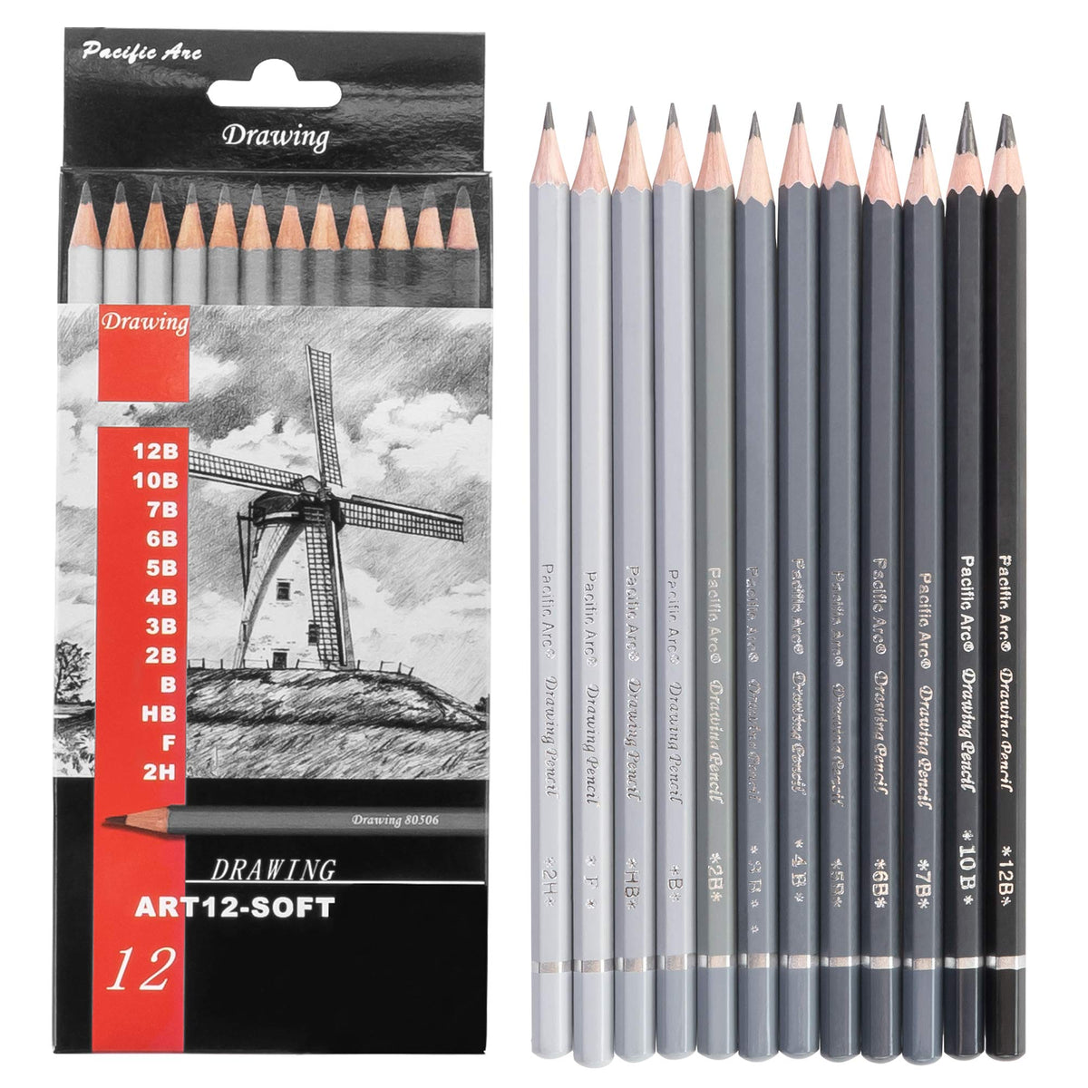 Pacific Arc Premium Graphite Drawing Pencils for Artists, Soft Pack - Professional Pencils for Drawing, Drafting, Sketching and Shading 12 Pk. - Great Non Toxic Art Supplies Set