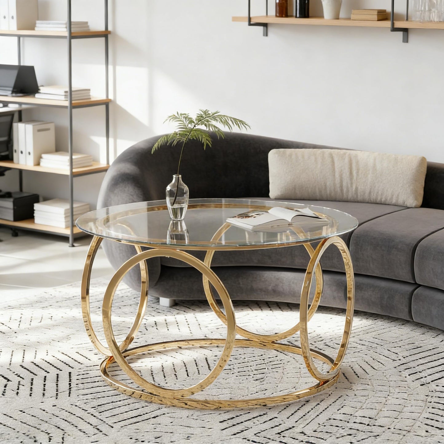 GDFStudio 31.5" Luxury Round Coffee Table with Circular Metal Frame, Tempered Glass Top Modern Coffee Table, Small Round Center Table for Living Room Small Space Office Lounge, Easy Assembly, Gold