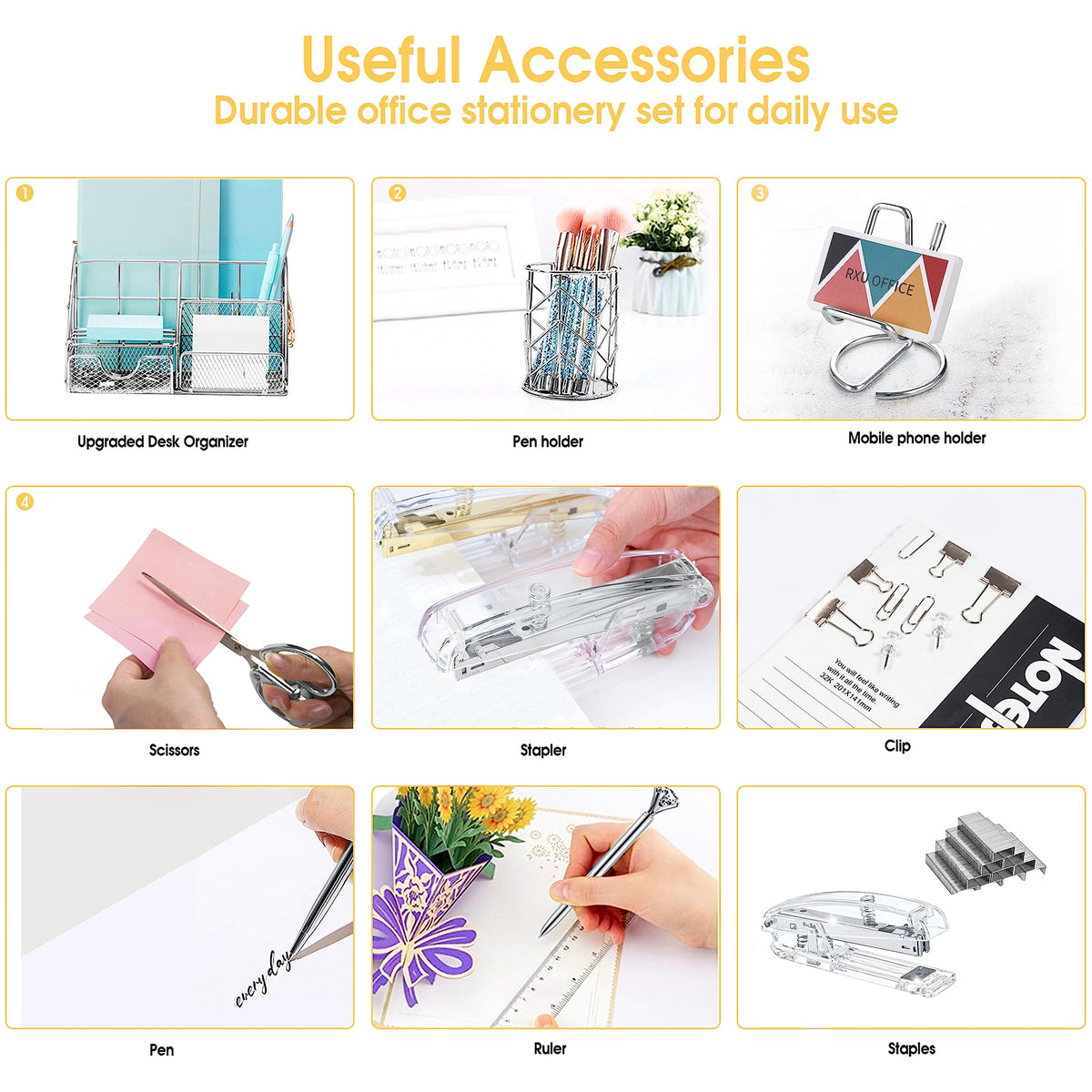 KAAKOW Silver Desk Organizers and Accessories Office Supplies Set Stapler, Pen Holder, Phone Holder, Scissors, Pen, Ruler, 30 Paper Clips, 22 Binder Clip, 20 Tacks and 1000pcs Staples
